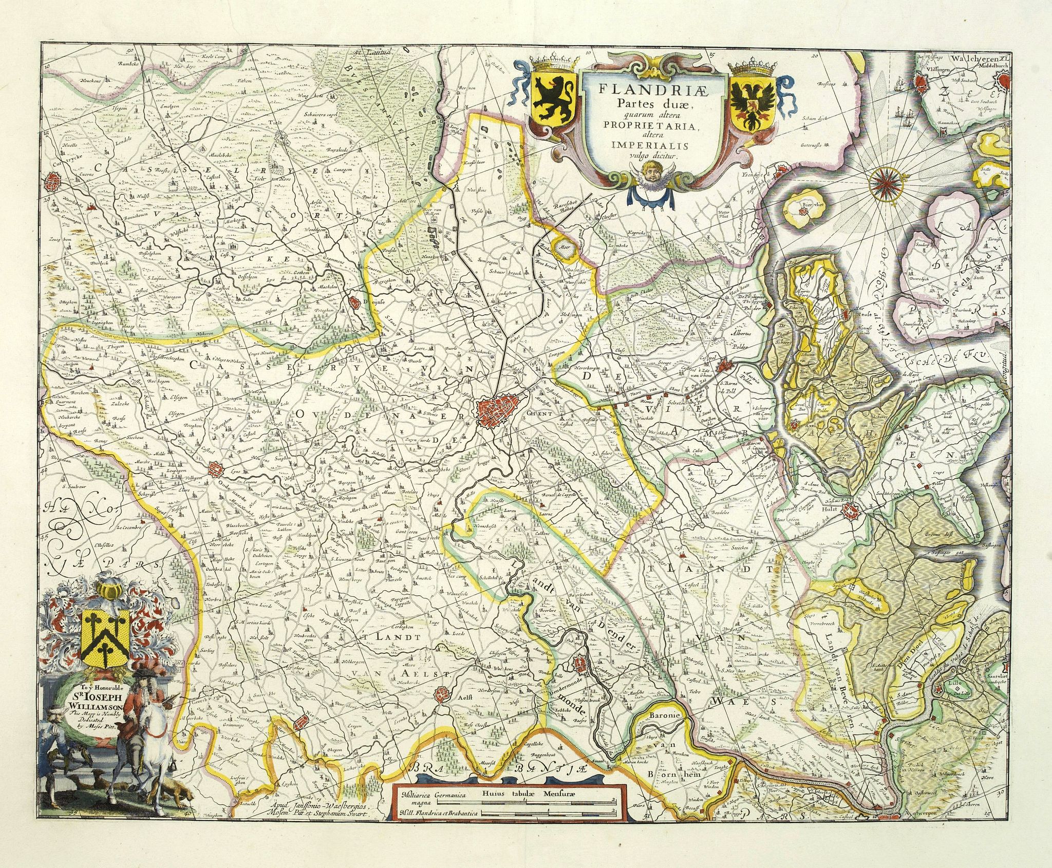 JANSSONIUS-WAESBERGHE, J. / PITT, M. / SWART, S., Flandriae Partes duae, quarum altera proprietaria, altera imperialis. . ., antique map, old maps