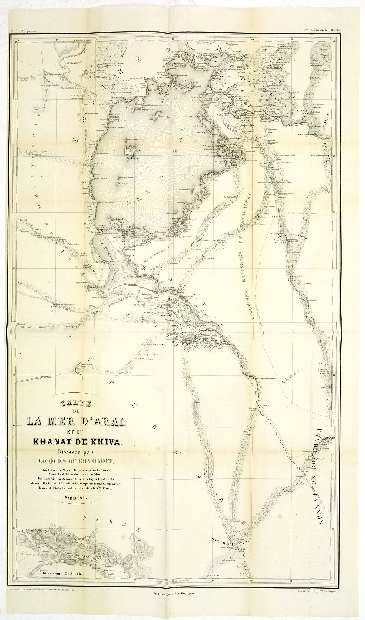 SOCIETE DE LA GEOGRAPHIE, Carte de la Mer d'Aral et du Khanat de Khiva Dressée par Jacques de Khanikoff. . ., antique map, old maps