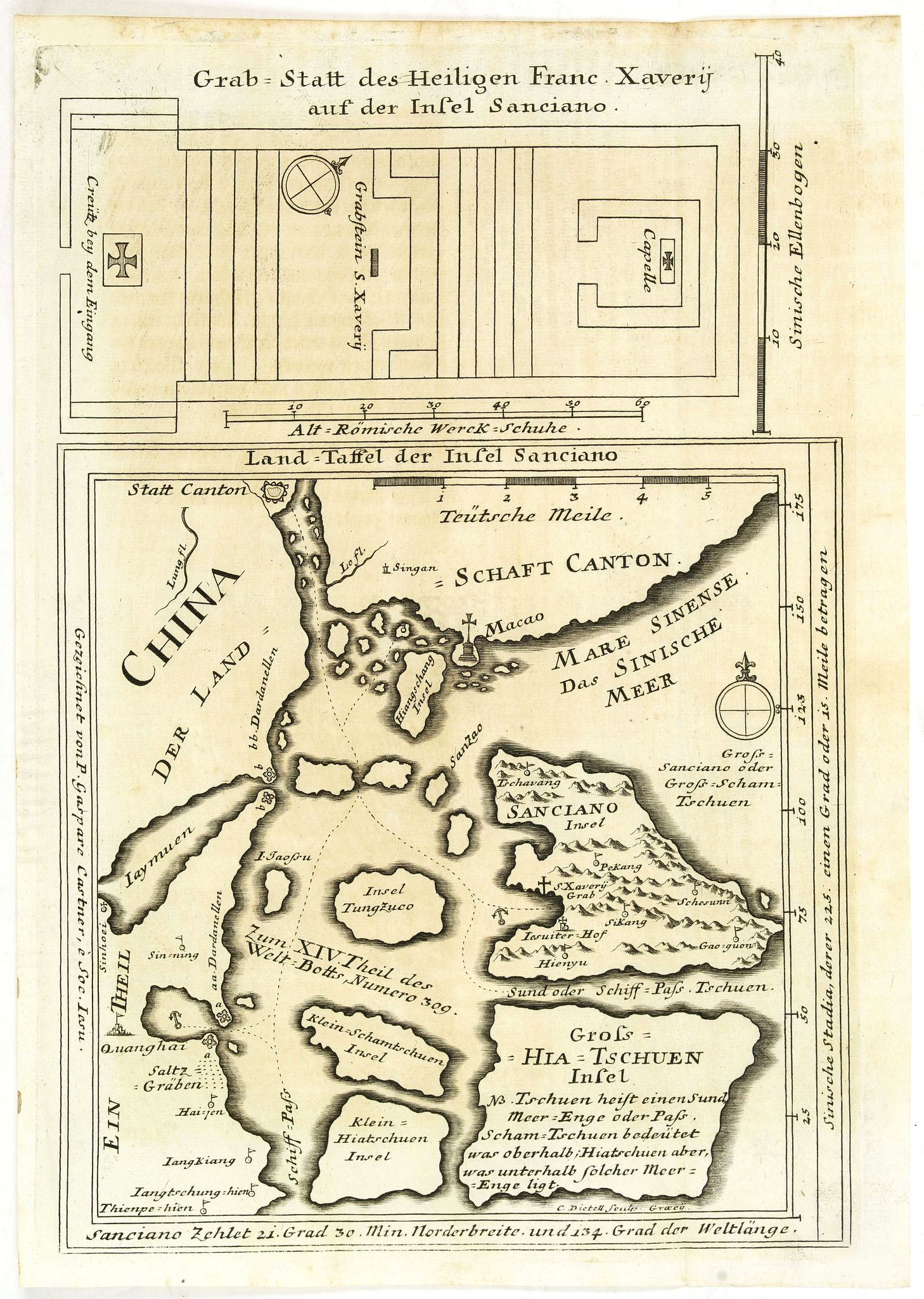 STOCKLEIN, J., Land-Taffel der Insel Sanciano. Grab-Statt des Heiligen Franc. Xaverii auf der Insel Sanciano, antique map, old maps