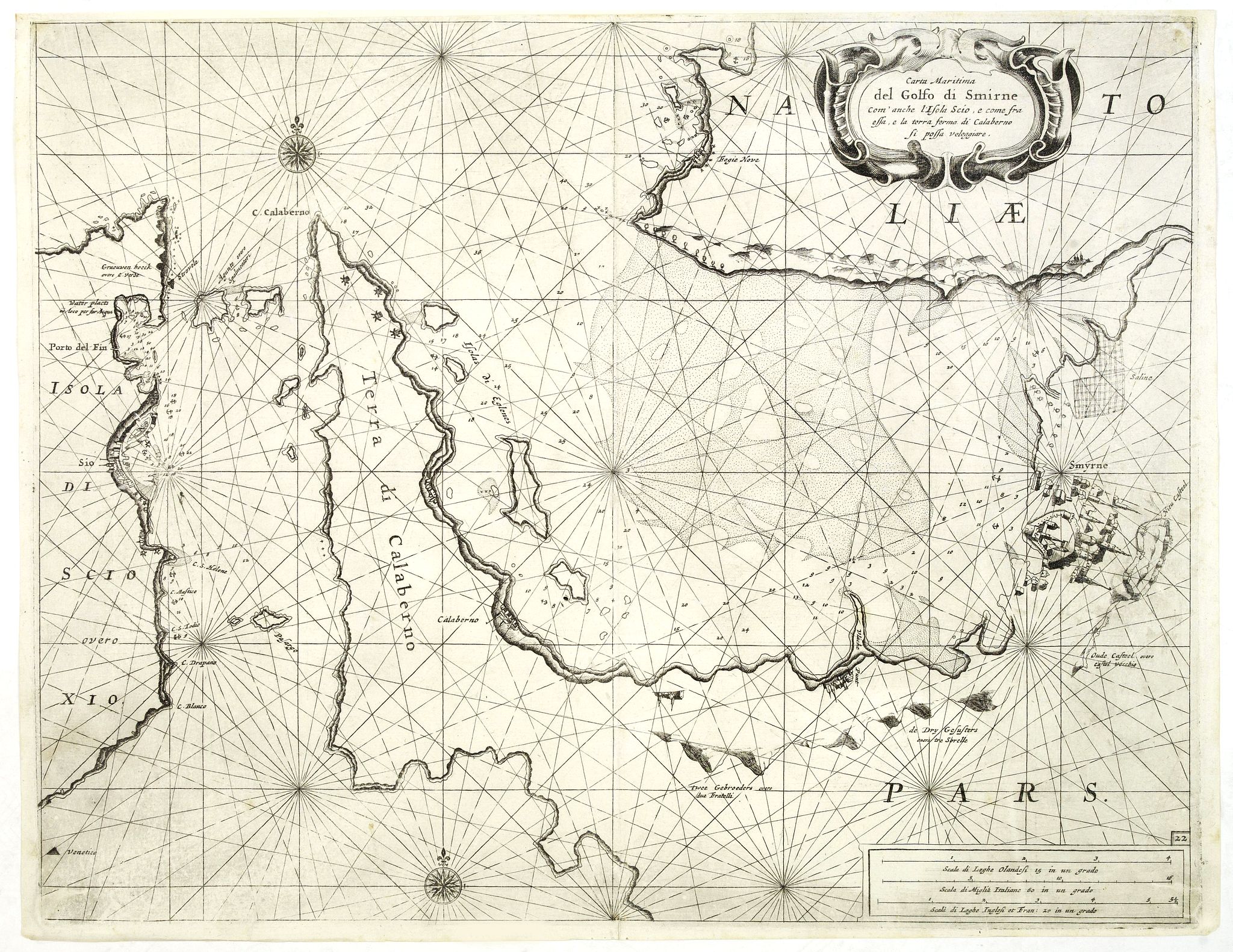 LEVANTO, Francesco Maria., Carta maritima del Golfo di Smirne com anche l'Isola Scio e come fra essa, e la terra ferma di Calaberno si possa veleggiar, antique map, old maps