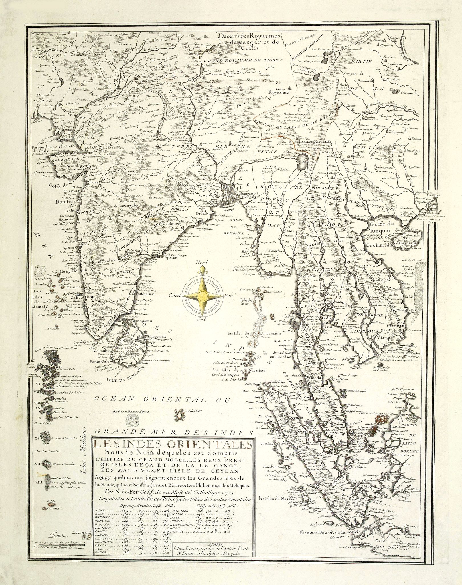 DE FER,N./ DANET,G., Les Indes Orientales sous le Nom de queles est compris L'Empire du Grand Mogol, Les Deux Presqu'Isles Deca et de la Le Gange, Les Maldives, et L'Isle de Ceylan . . . 1721, antique map, old maps