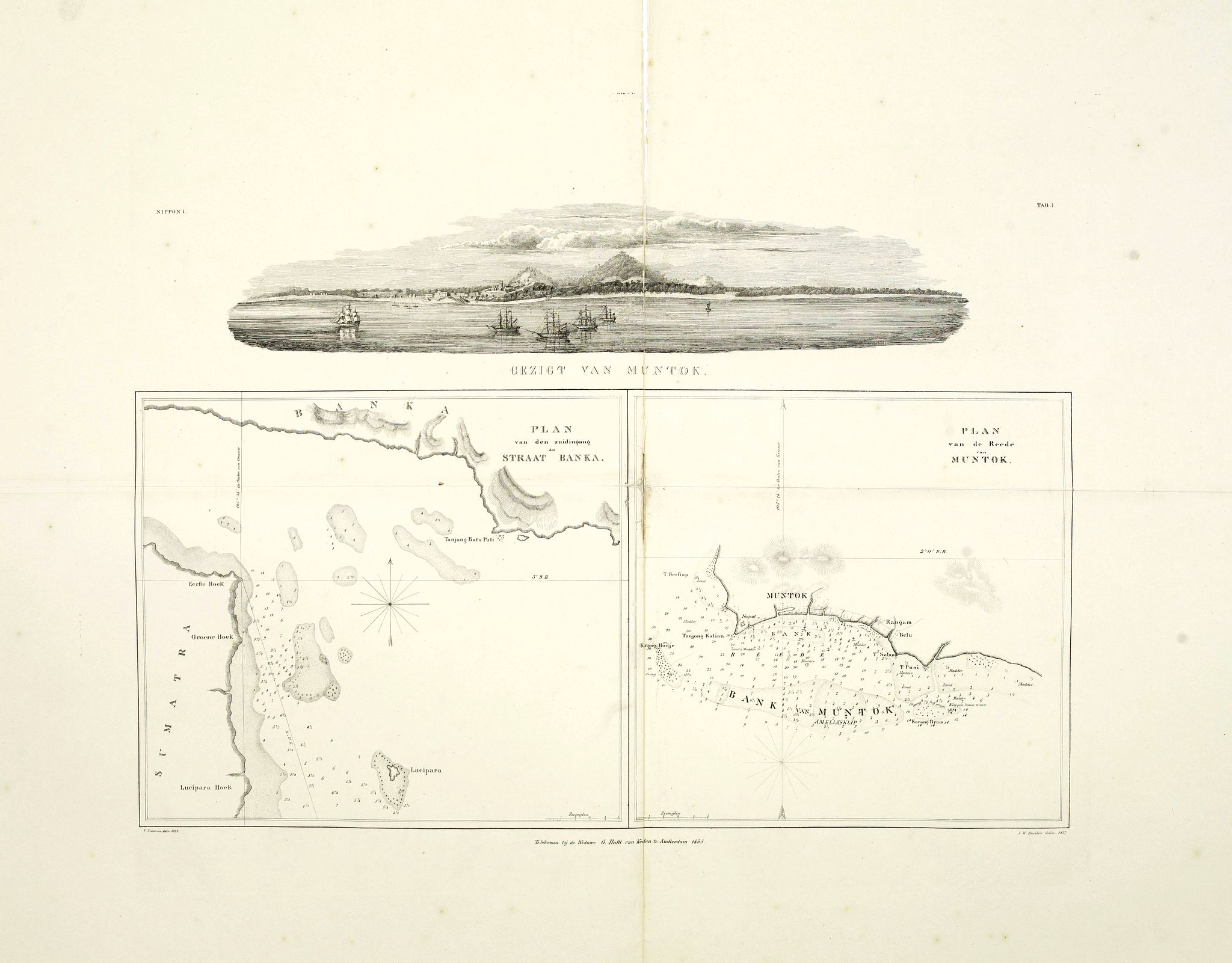 HULST VAN KEULEN, Wed.G., Gezigt van Muntok. Plan van den zuidingang der straat Banka. Plan van de Reede van Muntok. (Muntok), antique map, old maps