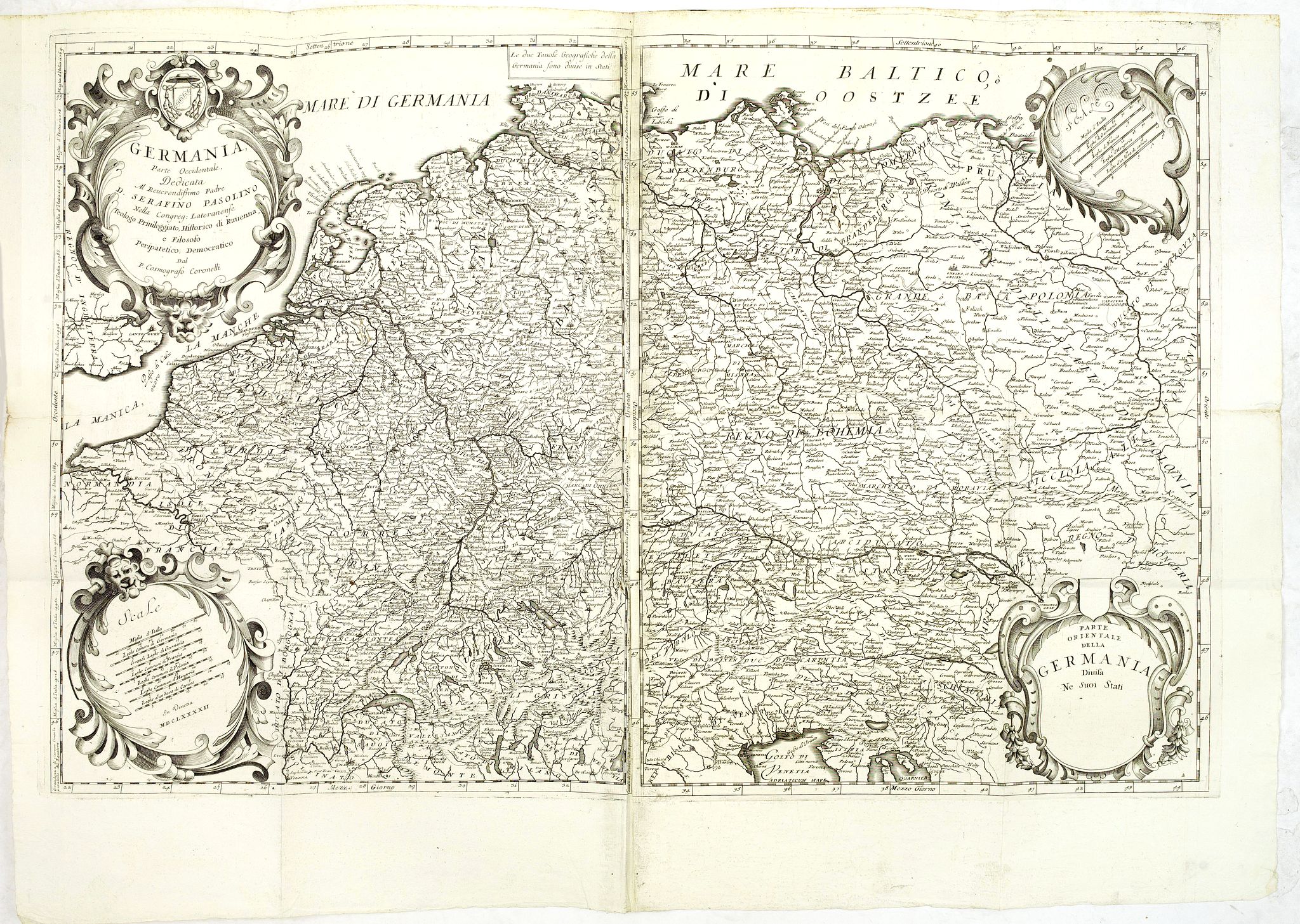 CORONELLI, V.M., Germania Parte Occidentale, Dedicata Al Reuerendissimo Padre D. Serafino Pasolino Nella Congreg Lateranense …, antique map, old maps
