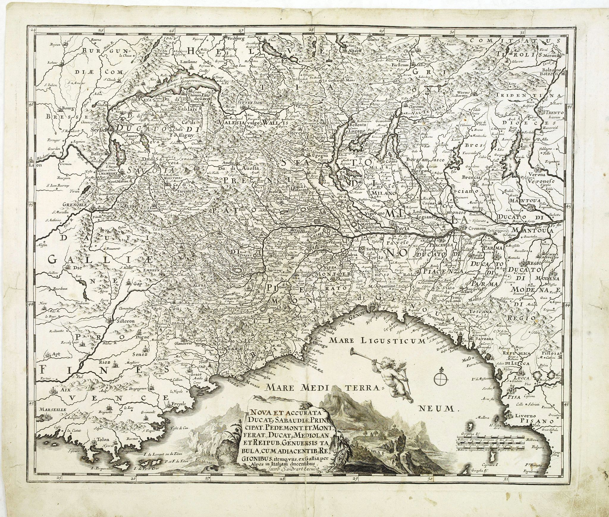 SANDART, J., Nova et accurata Ducatus Sabaudiae, Principat. Pedemont. et Montferat., Ducatus Mediolan. et Reipub. Genuensis tabula cum adiacentibus Regionibus itemq. viis, ex Gallia, per Alpes in Italiam ducentibus . . ., antique map, old maps