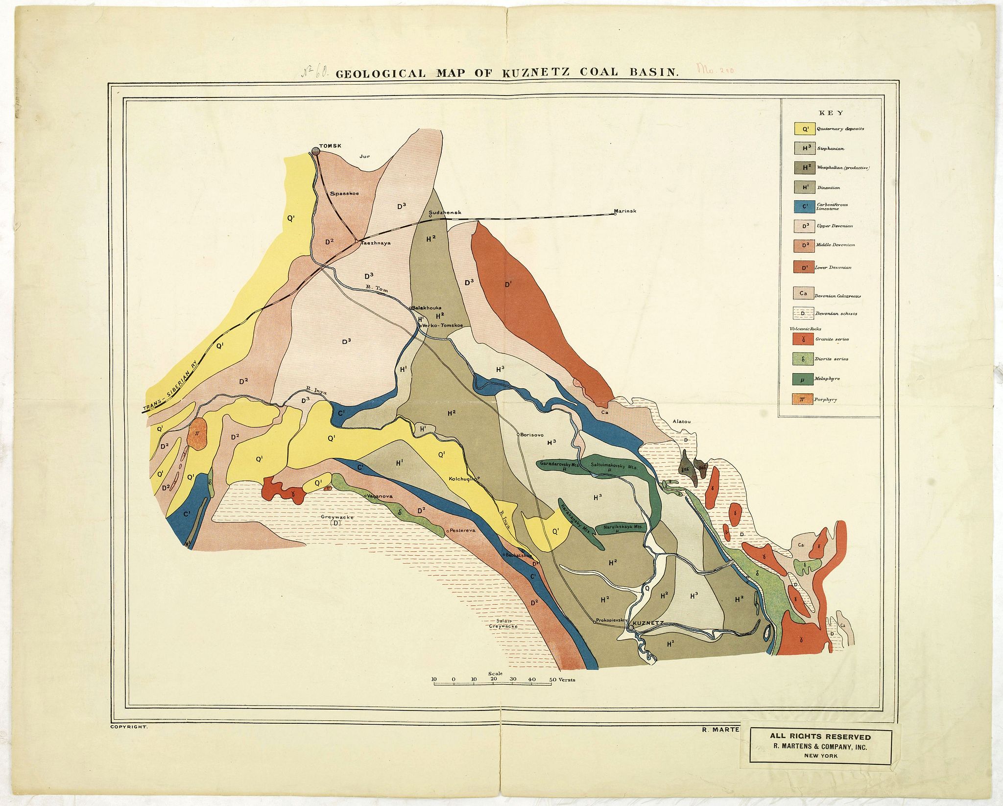 R. MARTENS & COMPANY INC., Geological map of Kuznetz coal basin., antique map, old maps