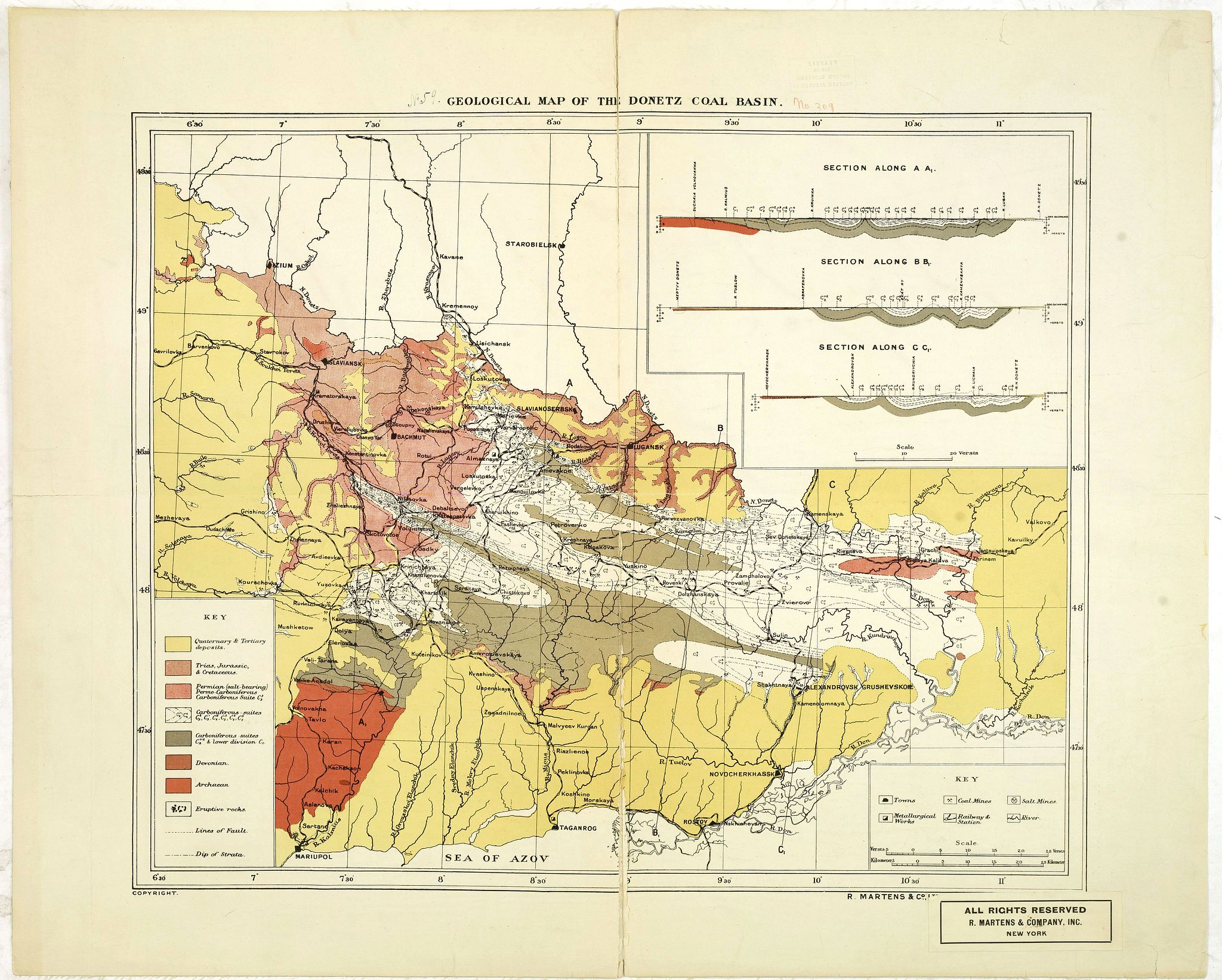 R. MARTENS & COMPANY INC., Geological map of the Donetz coal basin., antique map, old maps