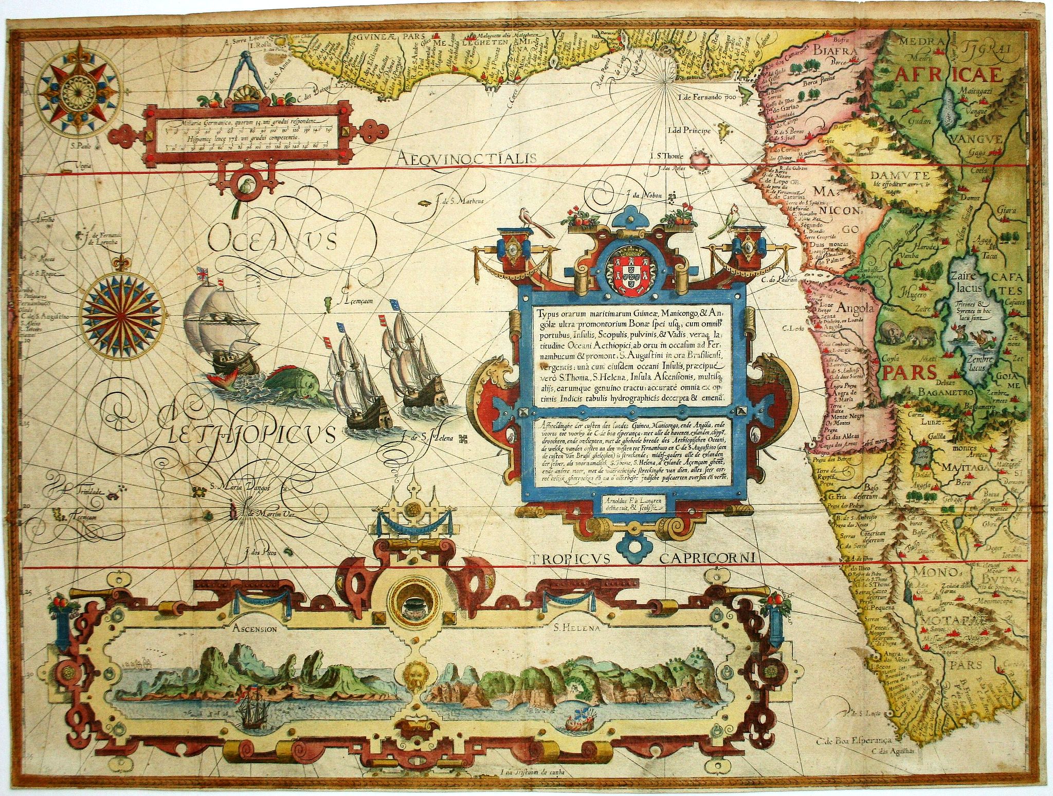 VAN LINSCHOTEN, J.H., Affbeeldinghe der custen des landts Guinea, Manicongo. . ., antique map, old maps