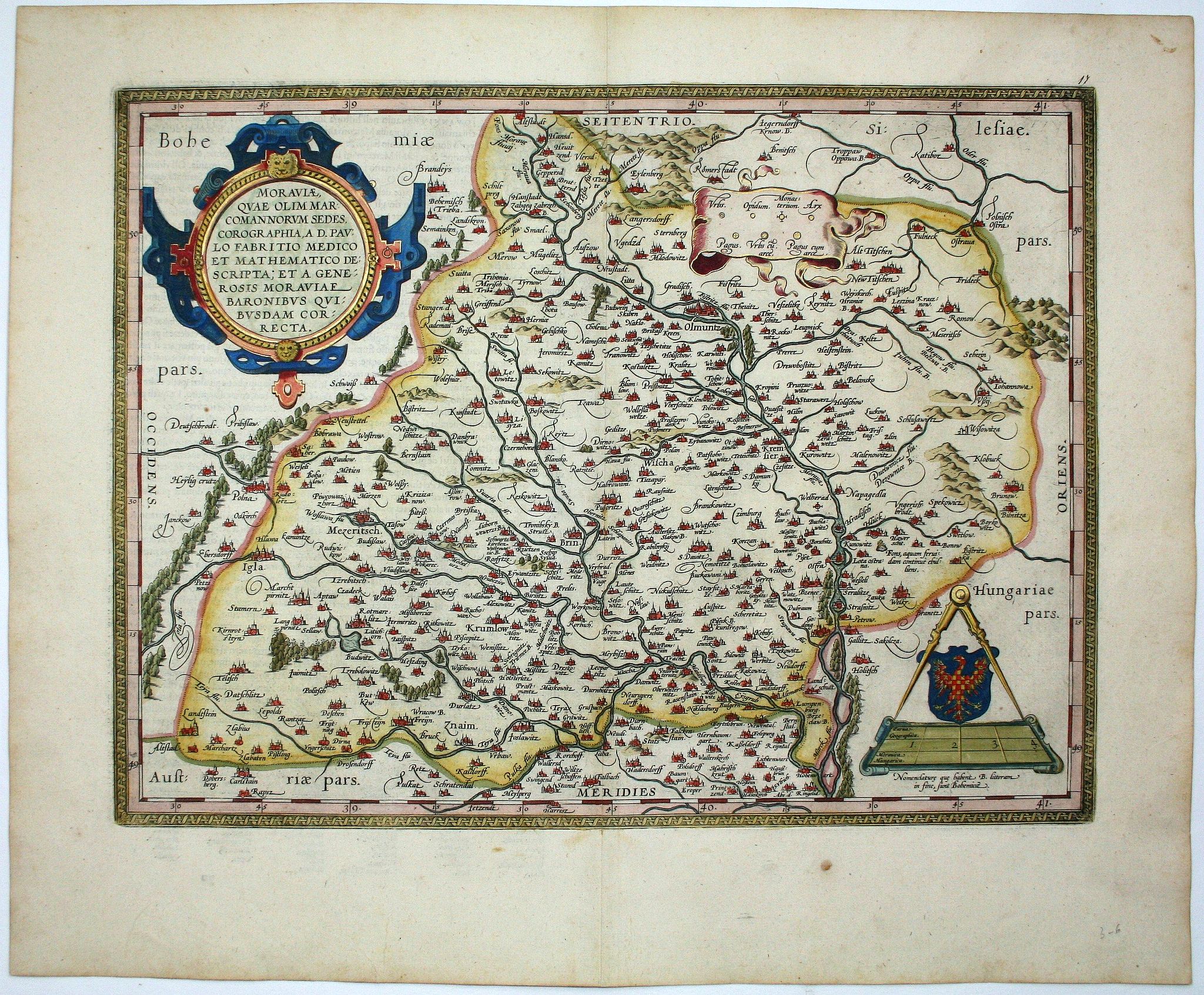 ORTELIUS, A., Moraviae, quae olim Marcomannorum Sedes, Corographia, A.D. Pavlo Fabritio Medico et Mathematico Descripta; et a Generosis Moraviae Baronibus Quibusdam corecta., antique map, old maps