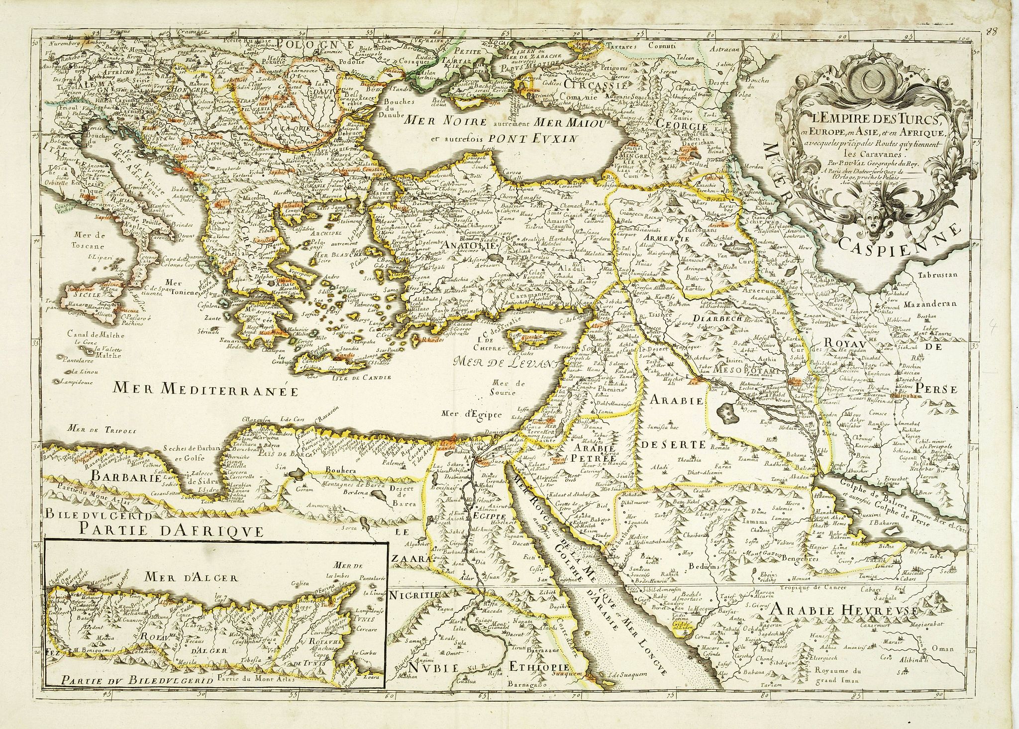 DU VAL, P., L'empire des Turcs, en Europe, en Asie, et en Afrique, avec les principales routes qu'y tiennent les Caravanes . . ., antique map, old maps