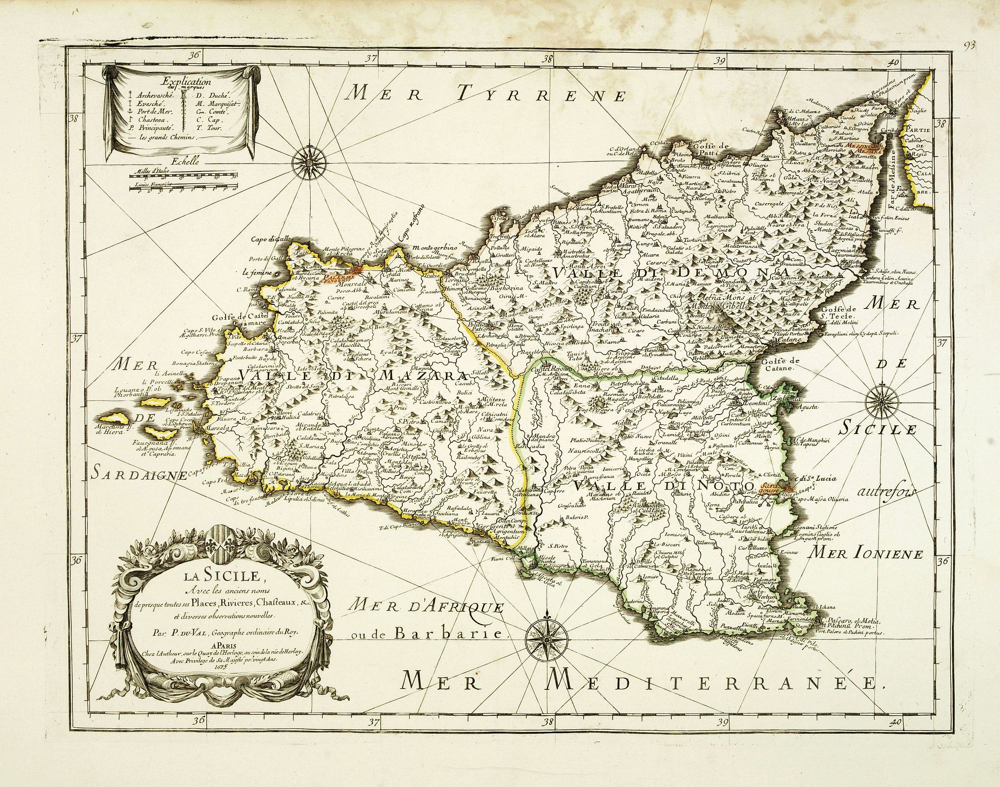 DU VAL, P., La Sicile, avec les anciens noms de presque toutes ses Places, Rivières, Chateaux &c. et diverses observations nouvelles . . ., antique map, old maps
