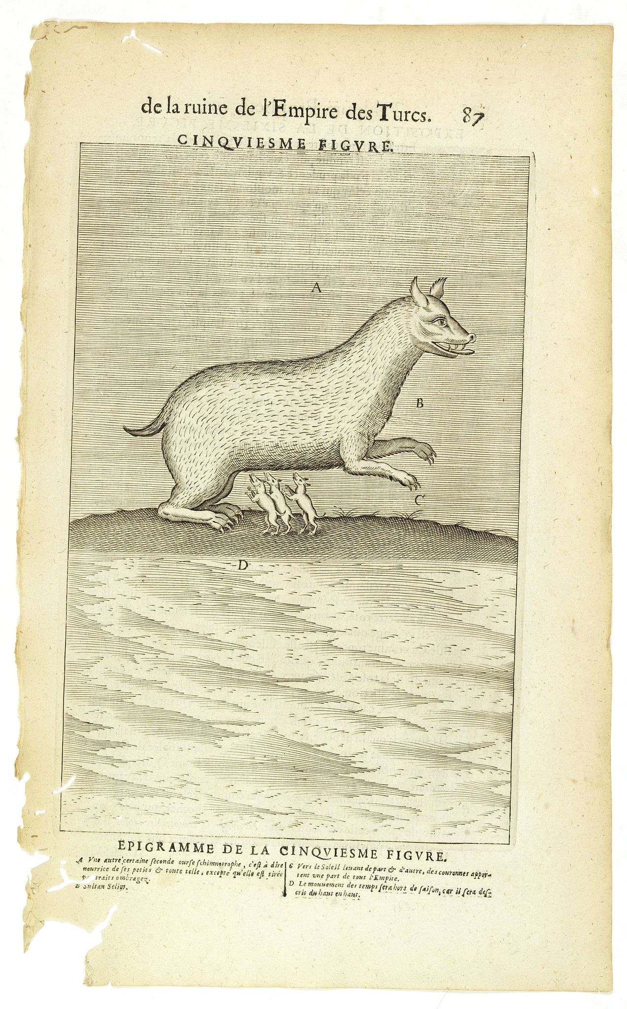 NICOLAS DE NICOLAY, Thomas Artus (sieur d'Embry)., De la Ruine de l'Empire des Turcs Cinquiesme figure / Epigramme de la Cinquiesme figure. (87), antique map, old maps