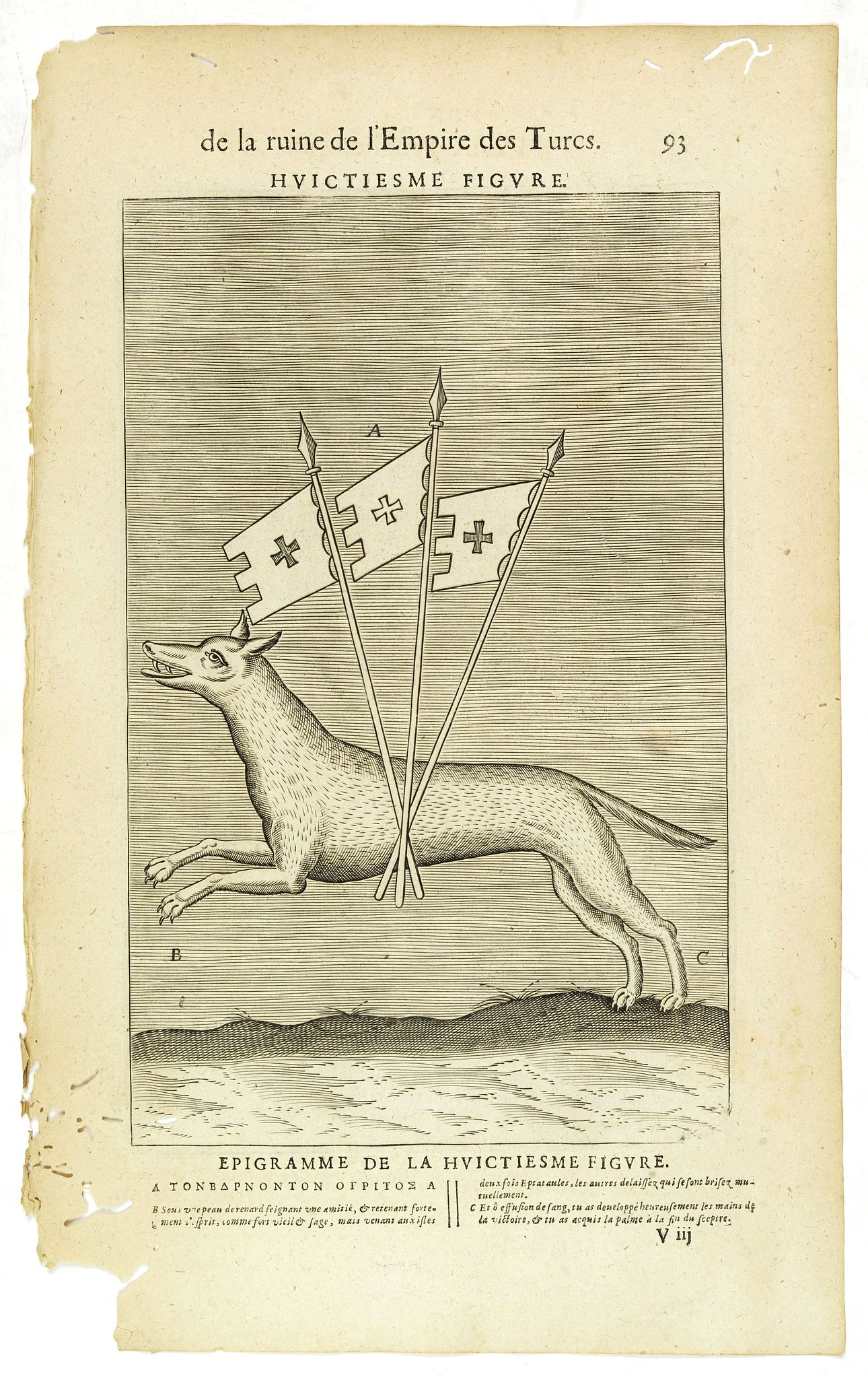 NICOLAS DE NICOLAY, Thomas Artus (sieur d'Embry)., De la Ruine de l'Empire des Turcs Huictiesme figure / Epigramme de la Huictiesme figure. (93), antique map, old maps