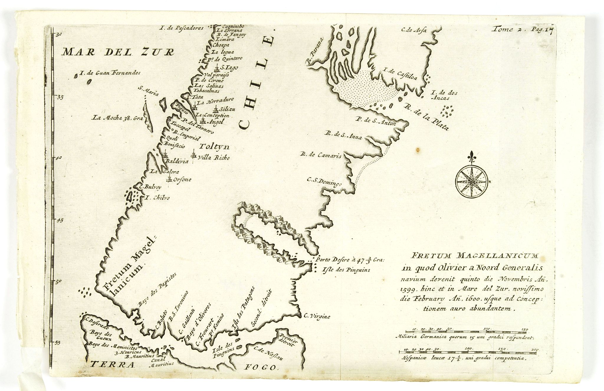 DE RENNEVILLE, R.A.C., Fretum Magellanicum in quod Olivier a Noord Generalis navium. . ., antique map, old maps