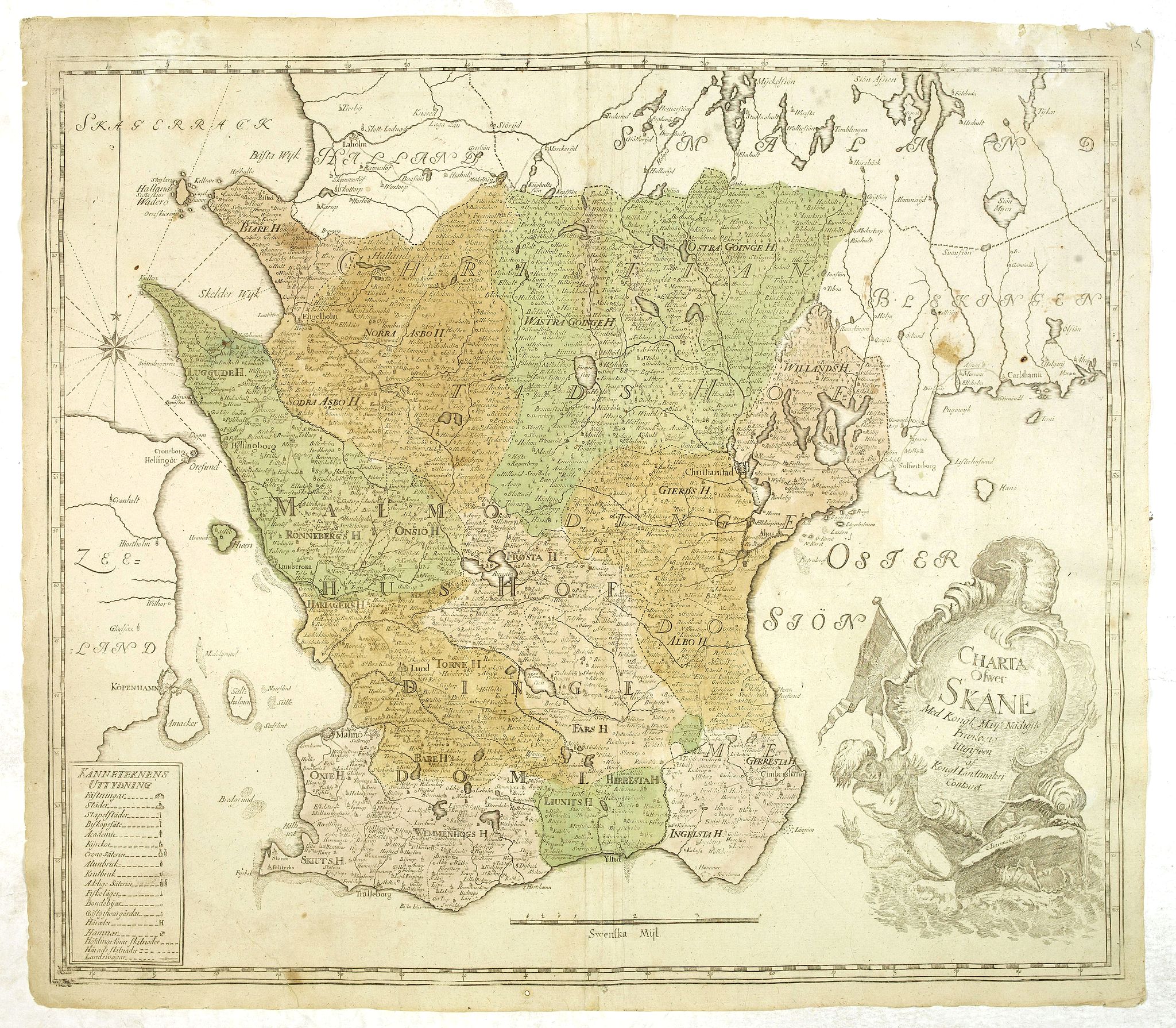 BIURMAN, G., Charta öfwer Skåne. Med Kongl. Maj.ts. nådigste privilegio utgifven af Kongl. Landtmäteri Contoiret., antique map, old maps