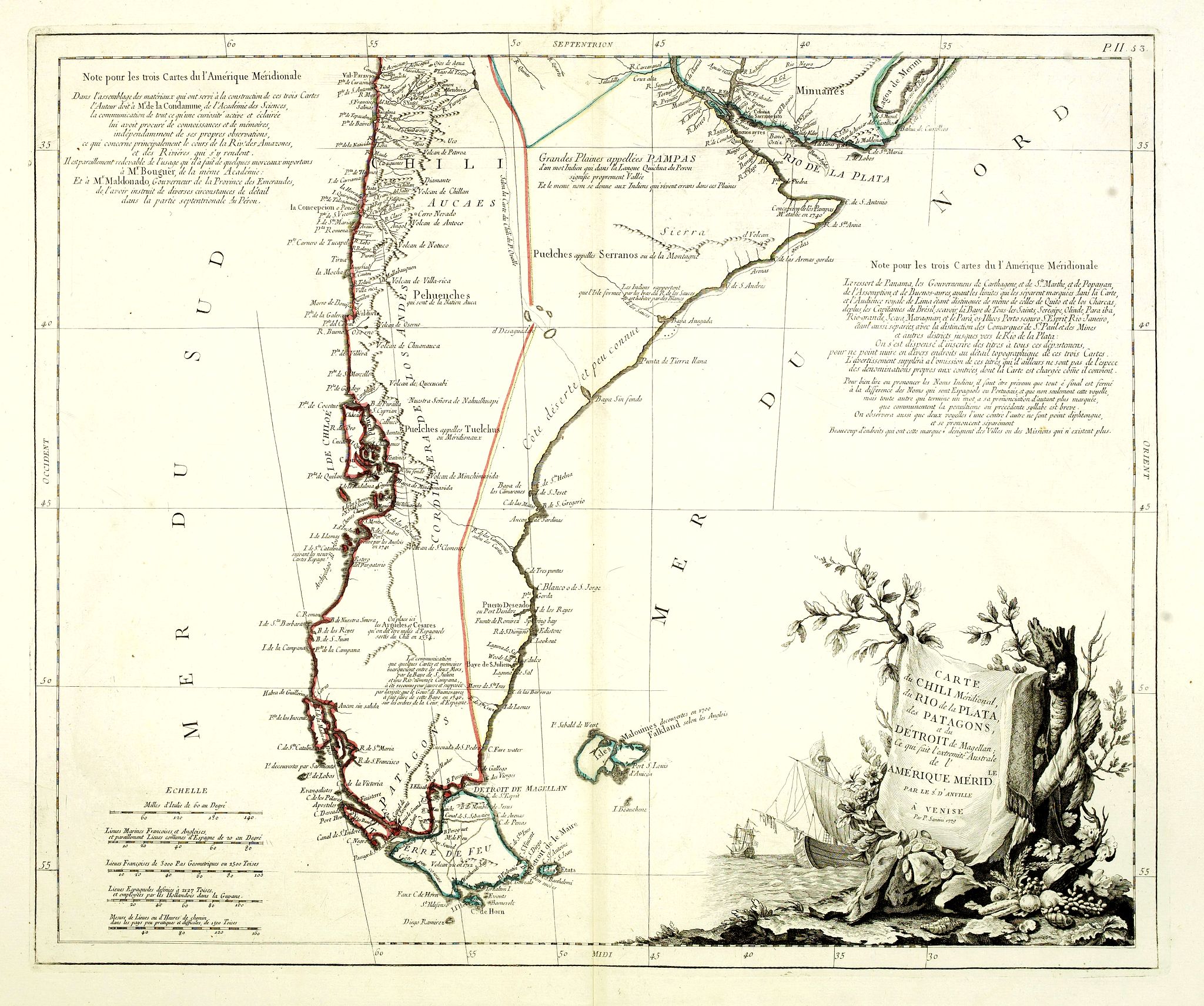 SANTINI, P. / REMONDINI, M., Carte du Chili Méridional, du Rio de la Plata, des Patagons, et du Détroit de Magellan. . ., antique map, old maps