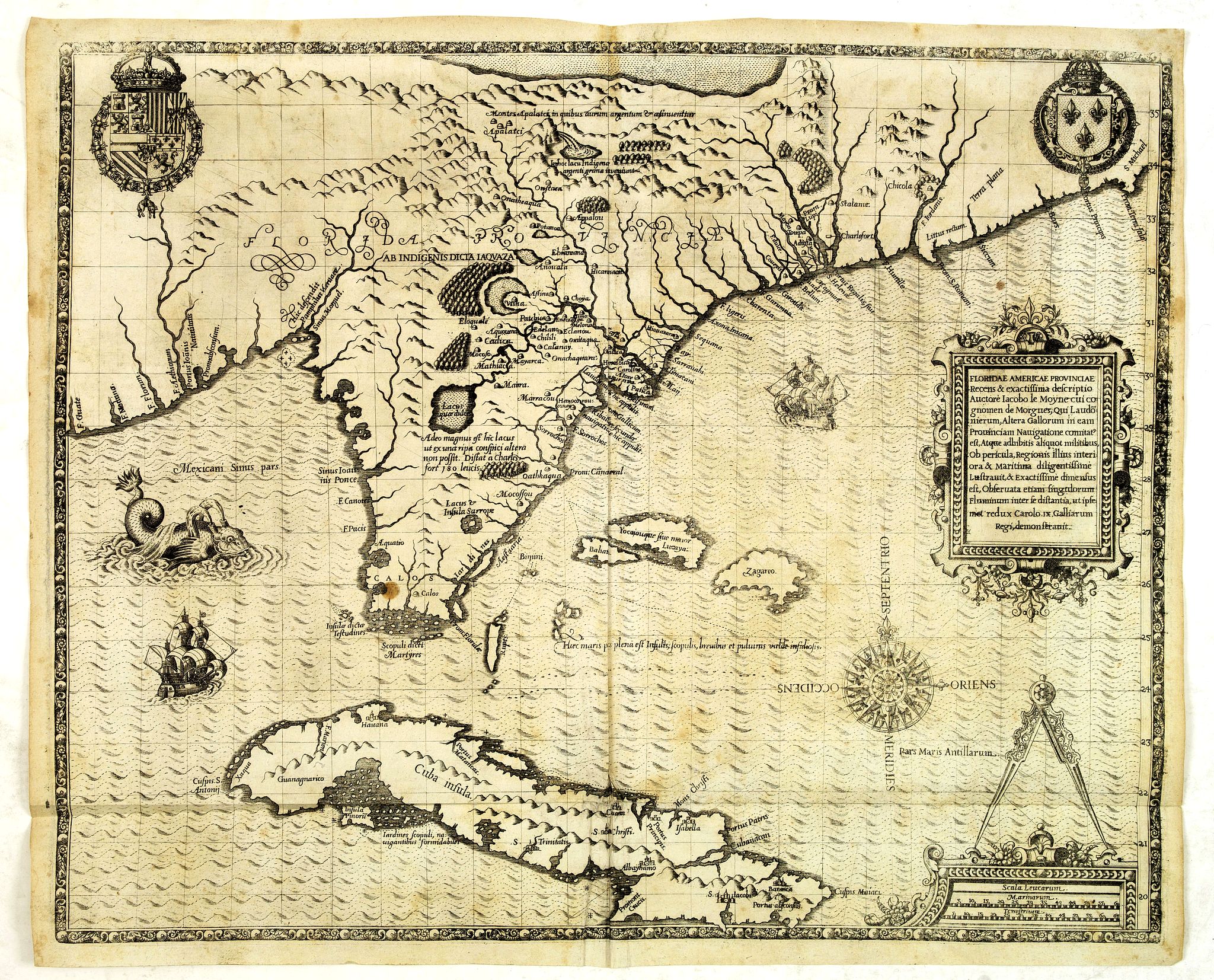 DE BRY, Th. / LE MOYNE, J., Floridae Americae Provinciae recens & exactissima descriptio . . ., antique map, old maps