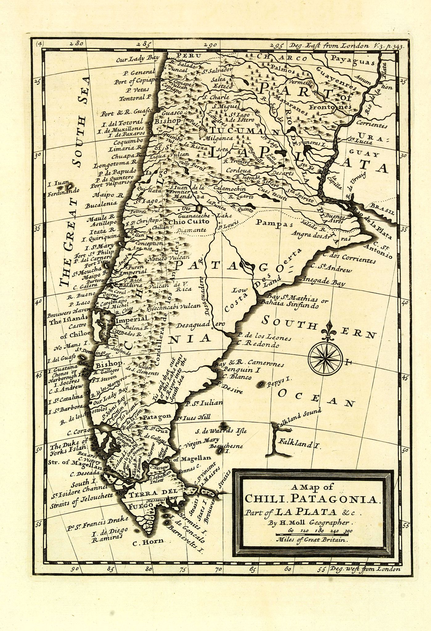 MOLL, H., A map of Chili. Patagonia. Part of La Plata & C., antique map, old maps