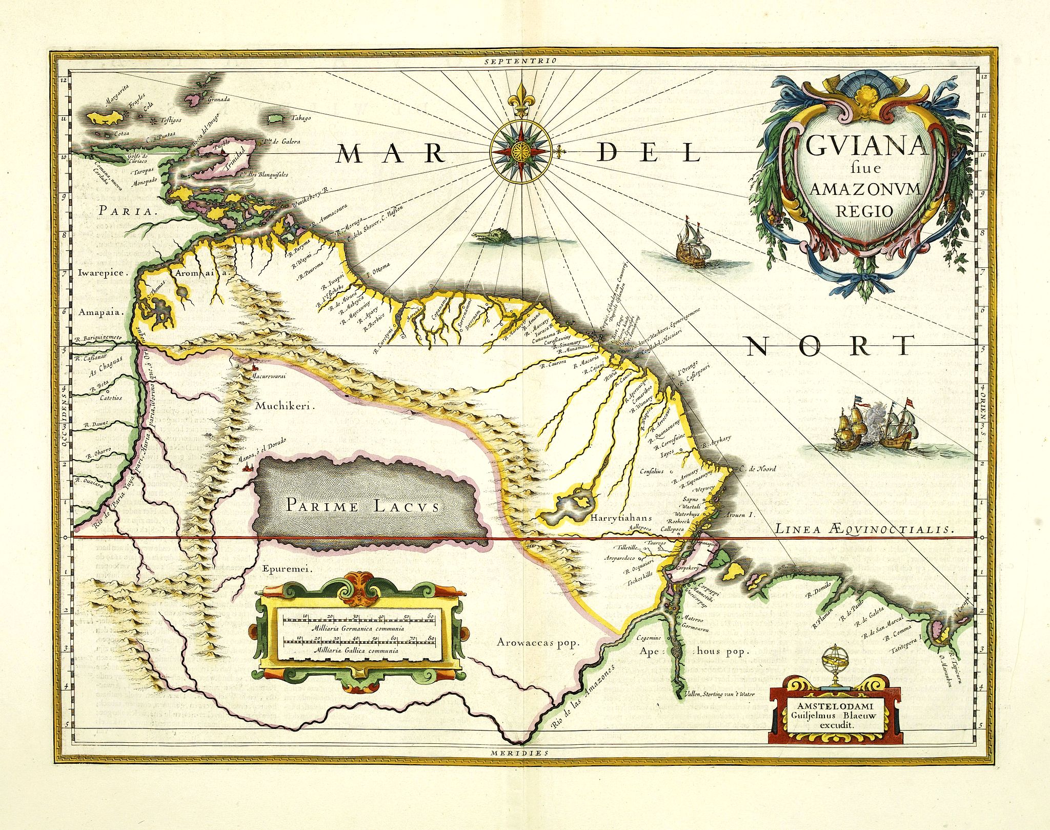 BLAEU, W., Guiana sive Amazonum Regio., antique map, old maps