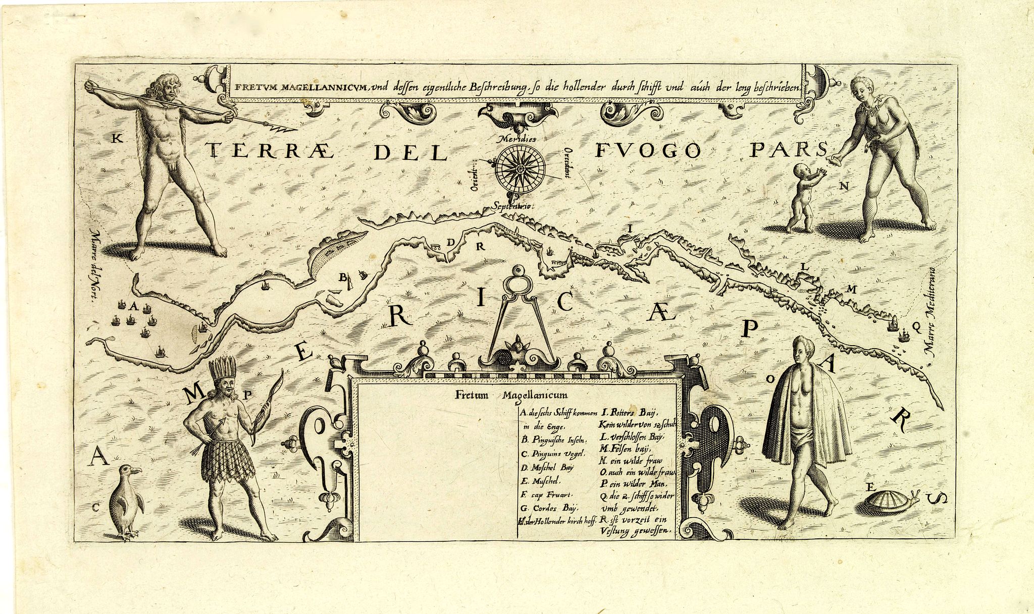 DE BRY, Th., Fretum Magellannicum, und dessen eigentliche Beschribung, so die hollander durch schifft und aush der leng beschreiben., antique map, old maps