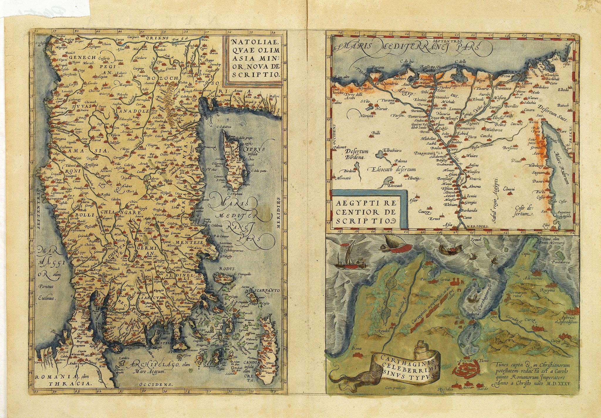 ORTELIUS, A., Natoliae Quae Olim Asia Minor, Nova de Scriptio / Carthaginis Celeberrimi Sinus Typus / Aegypti re Centior de Scriptio, antique map, old maps