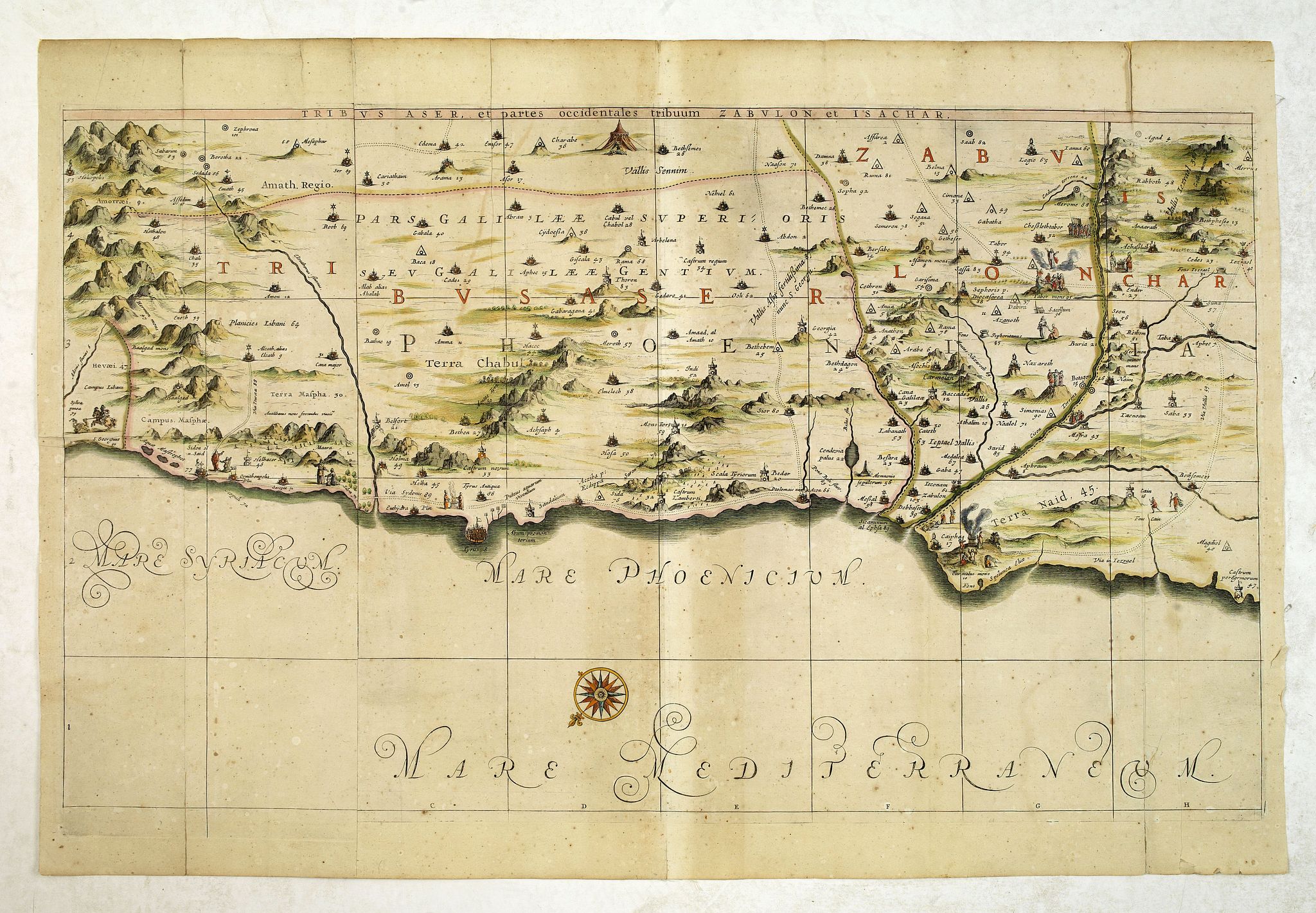 HORNIUS, G., Tribus Aser, et partes occidentales tribuum Zabulon et Isachar., antique map, old maps