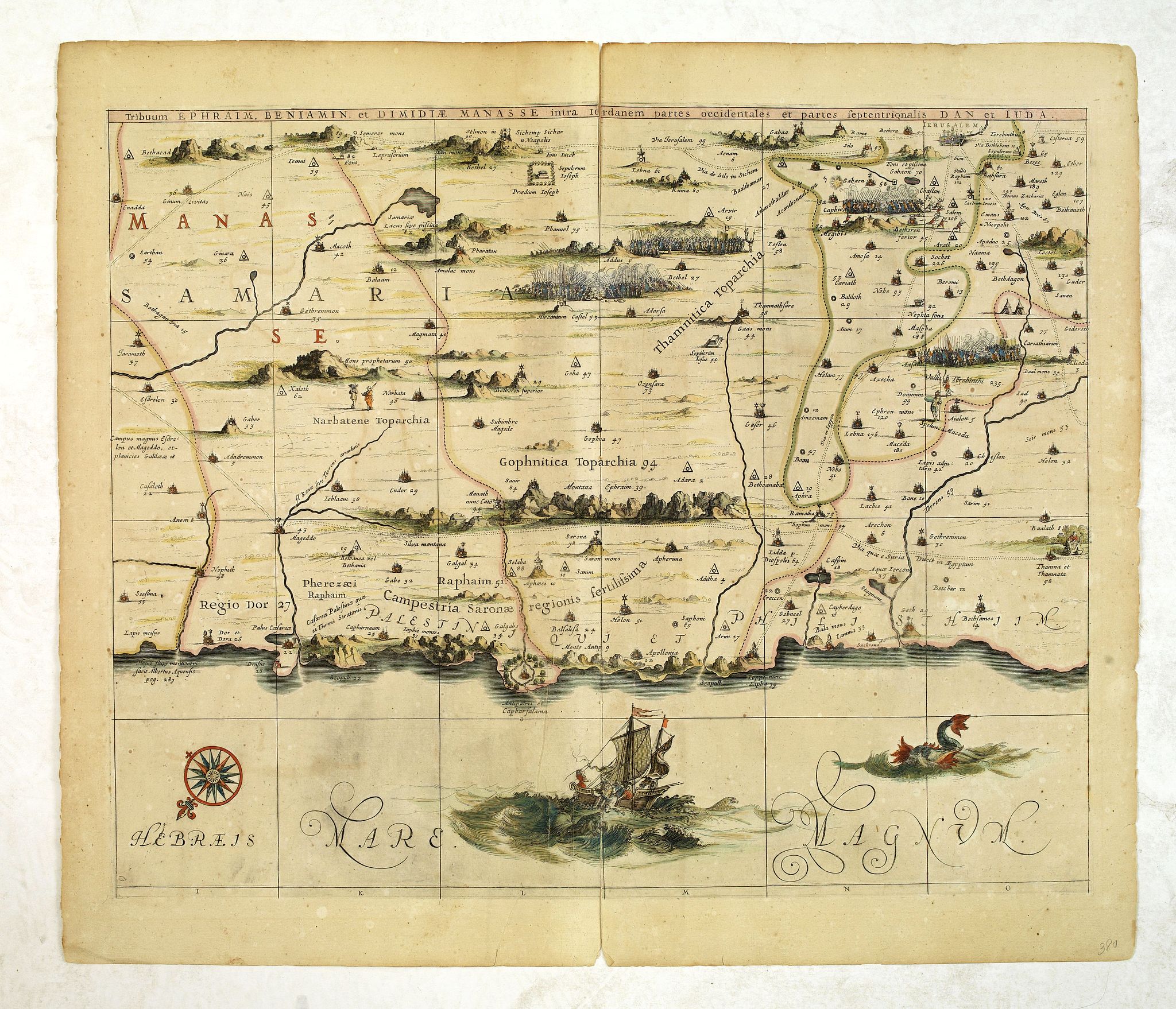 HORNIUS, G., Tribuum Ephraim, Beniamin, et Dimidiae Manasse intra Iordanem partes occidentales, et partes septentrionales Dan et Iuda., antique map, old maps