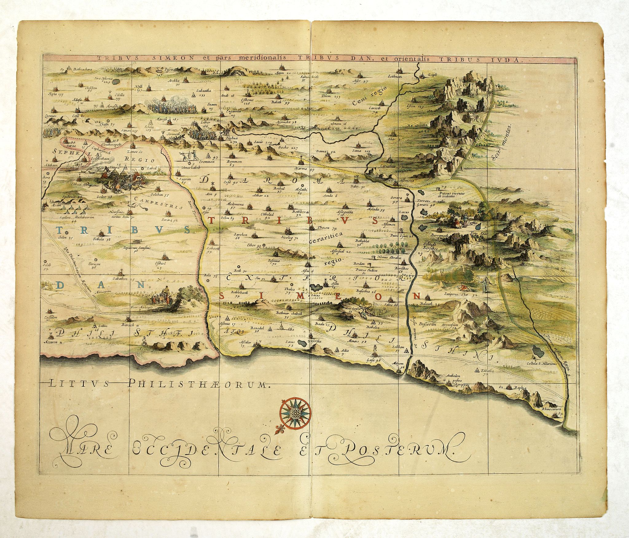 HORNIUS, G., Tribus Simeon et pars meridionalis Tribus Dan, et orientalis Tribus Idua., antique map, old maps