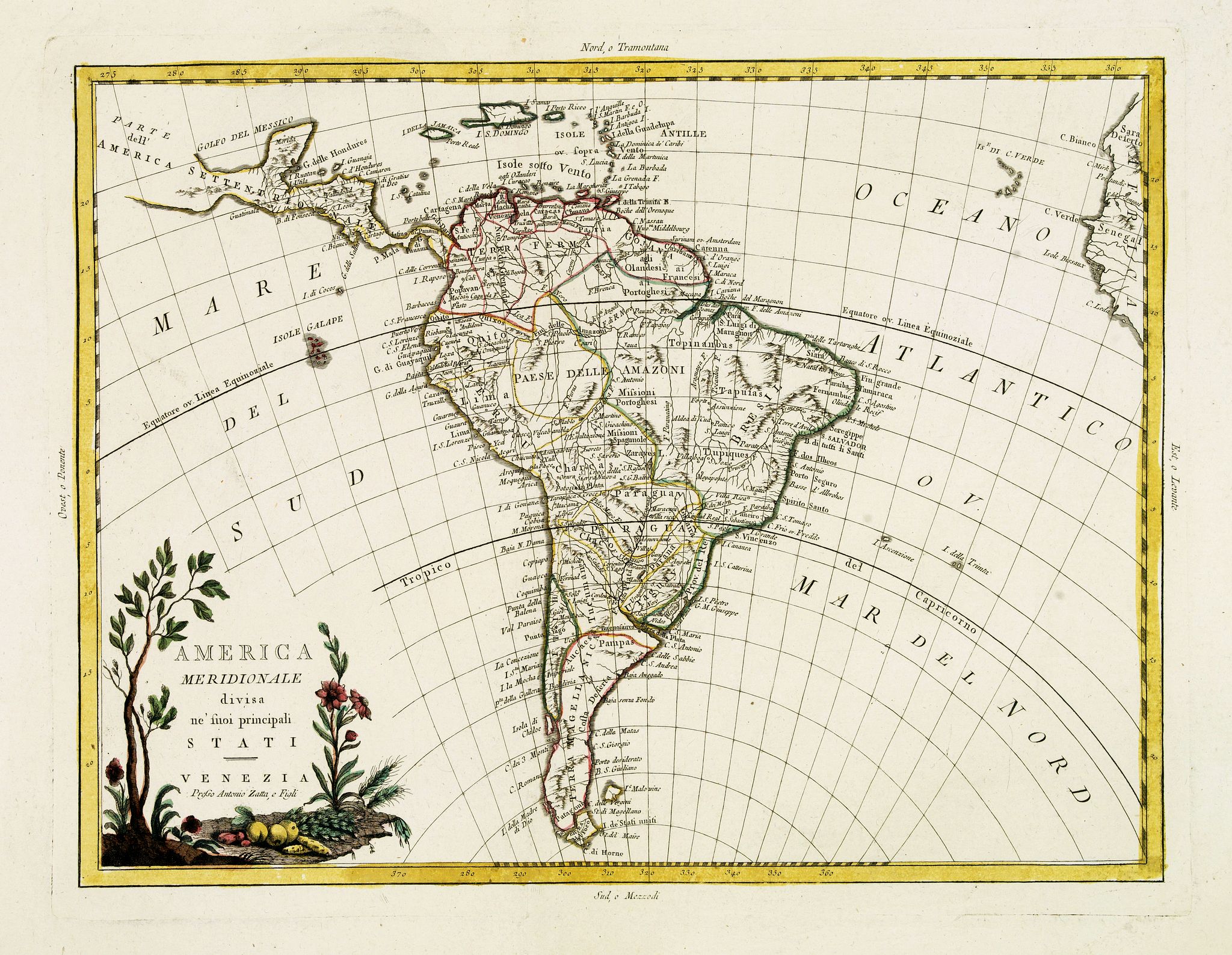 ZATTA, A., America meridionale divisa ne'fuoi principali. . ., antique map, old maps