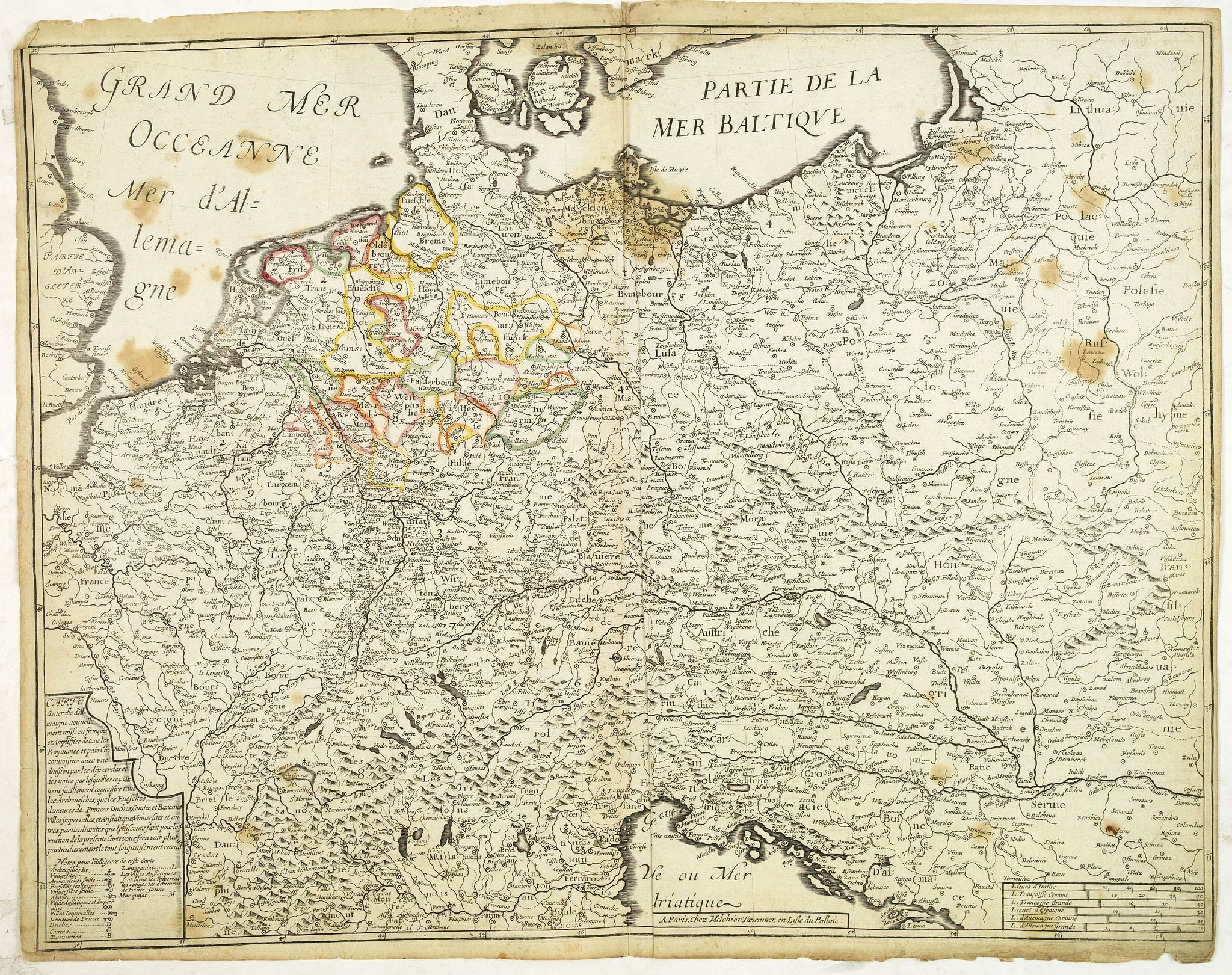 TAVERNIER, M., Carte generalle d'allemaigne nouvellement misse en françois et Ampliffiée de tous les Royaumes. . ., antique map, old maps