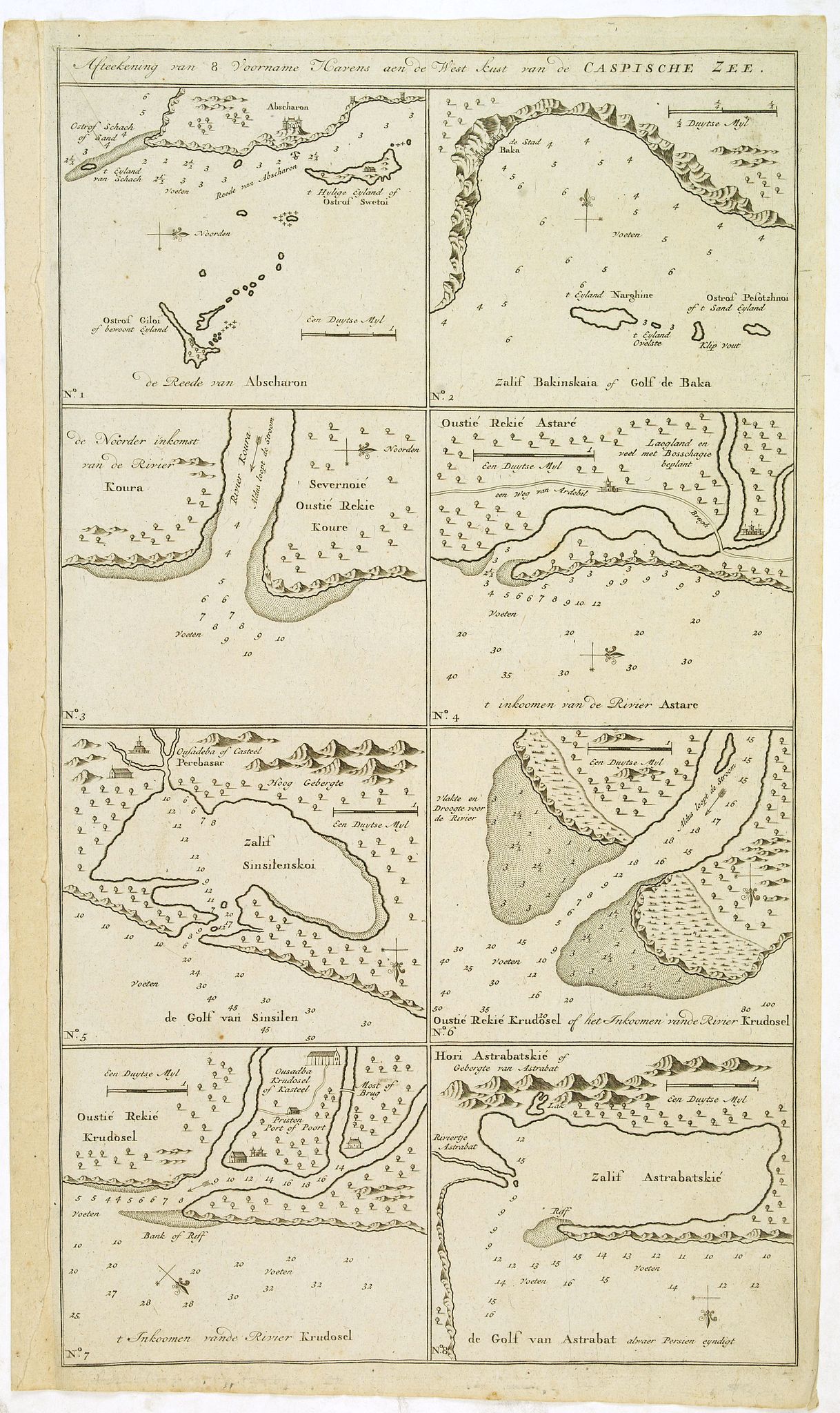 VAN KEULEN, G., Afteekening van 8 voorname havens aen de west kust van de Caspische Zee., antique map, old maps
