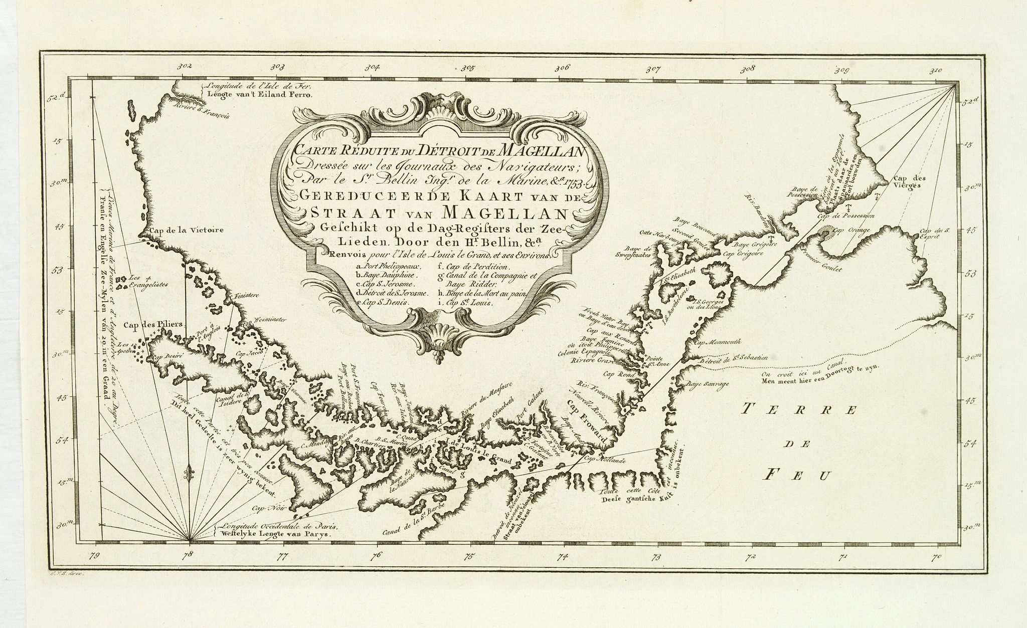 BELLIN, J.N., Carte Reduite du Detroit de Magellan. . ., antique map, old maps