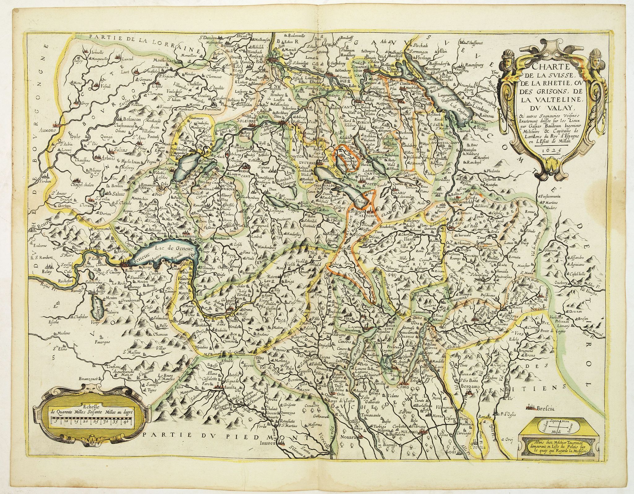 TAVERNIER, M., Charte de la suisse, de la Rhetie, ou des Grisons, de la Valteline, du Valay . . ., antique map, old maps