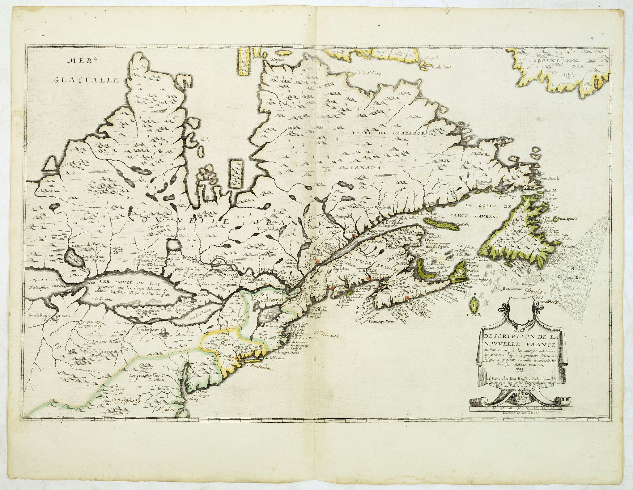 BOISSEAU, J., Description de la Nouvelle France ou sont remarquees les diverse habitations des Francois, depuis la premiere descouvert jusques a present, recueillie et dressee sur diverses relations modernes, antique map, old maps