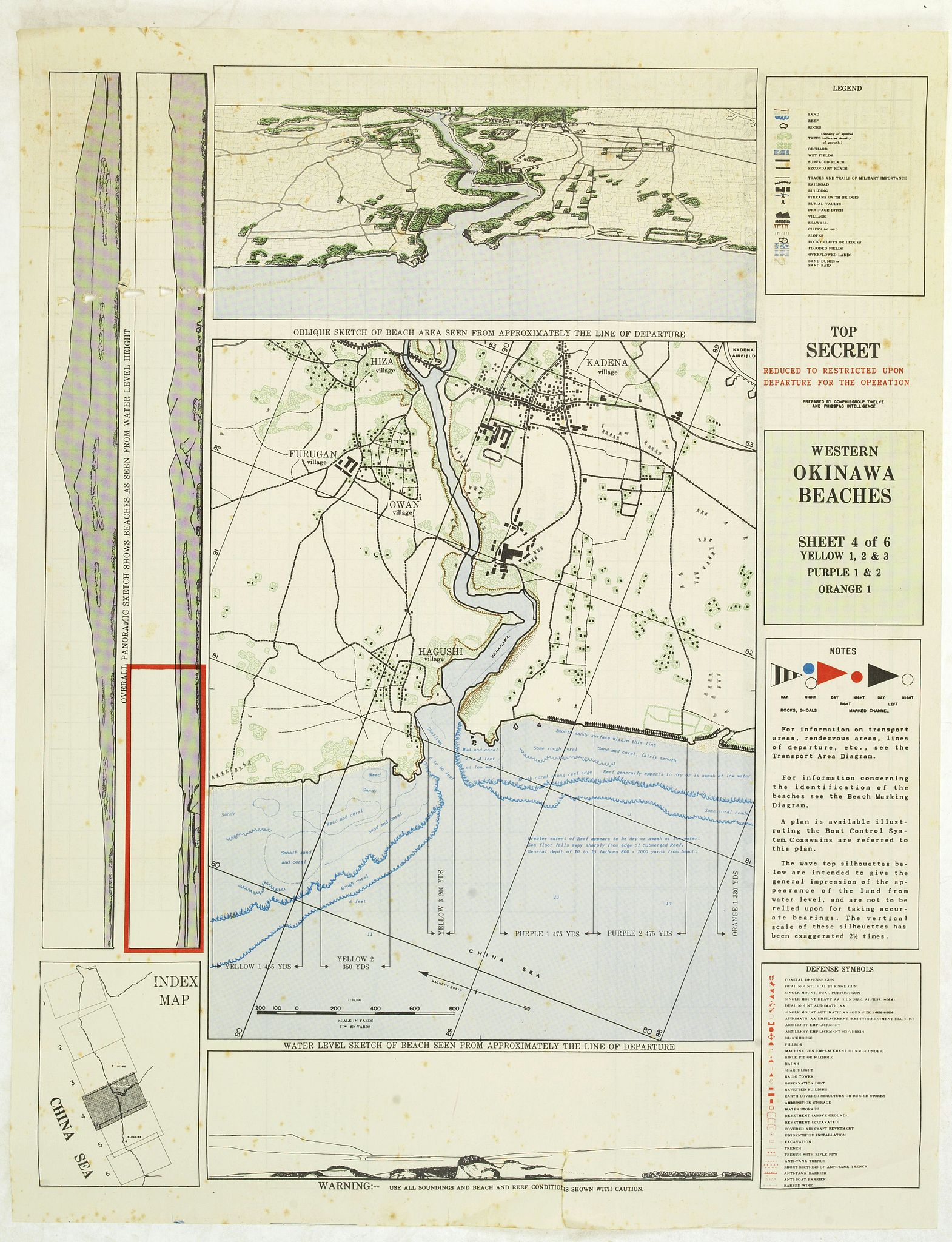 AMPHIBIOUS GROUP TWELVE, Western Okinawa Beaches Sheet 4 of 6. Top Secret reduced to restricted upon departure for the operation. (Lot contains 2 copies of the map.), antique map, old maps