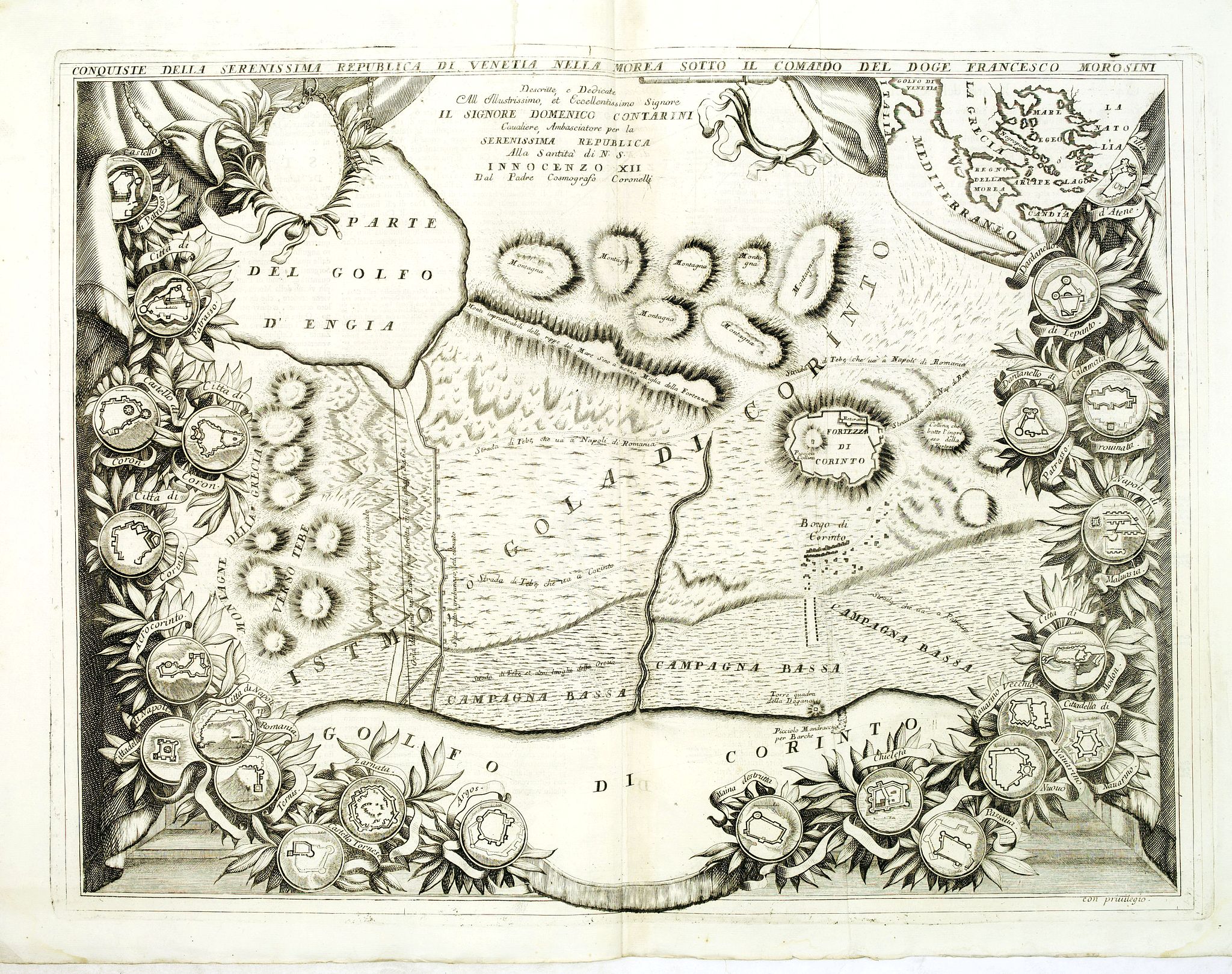 CORONELLI, V.M., Conquiste della Serenissima Republica di Venetia nella Morea sotto il comando del Doge Francesco Morosini. . ., antique map, old maps