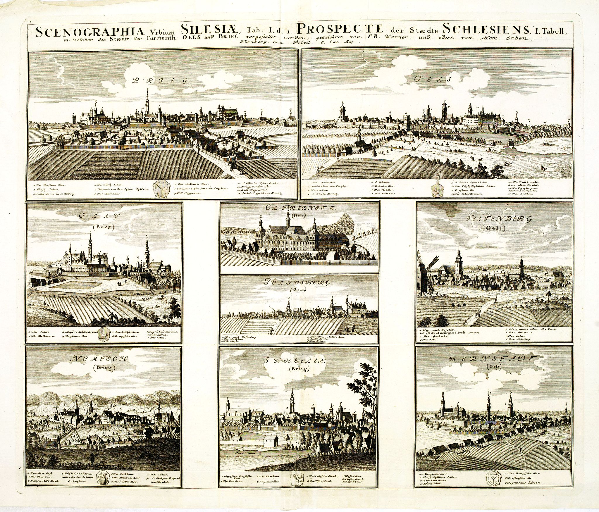 HOMANN HEIRS., Scenographia Urbium Silesiae, Tab I. / Prospect der Stadte Schlesiens I. Tabell. . . Oels und Brieg. . ., antique map, old maps