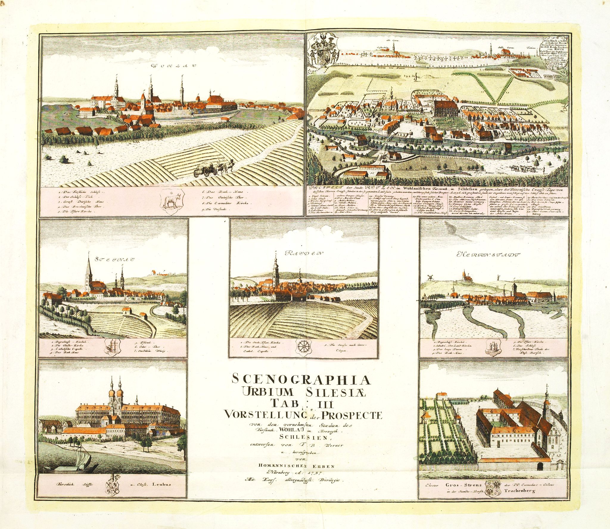 HOMANN HEIRS., Scenographia Urbium Silesiae, Tab II. / Prospect der Stadte Schlesiens II. Tabell. . . Breslaw und Sagan. . ., antique map, old maps