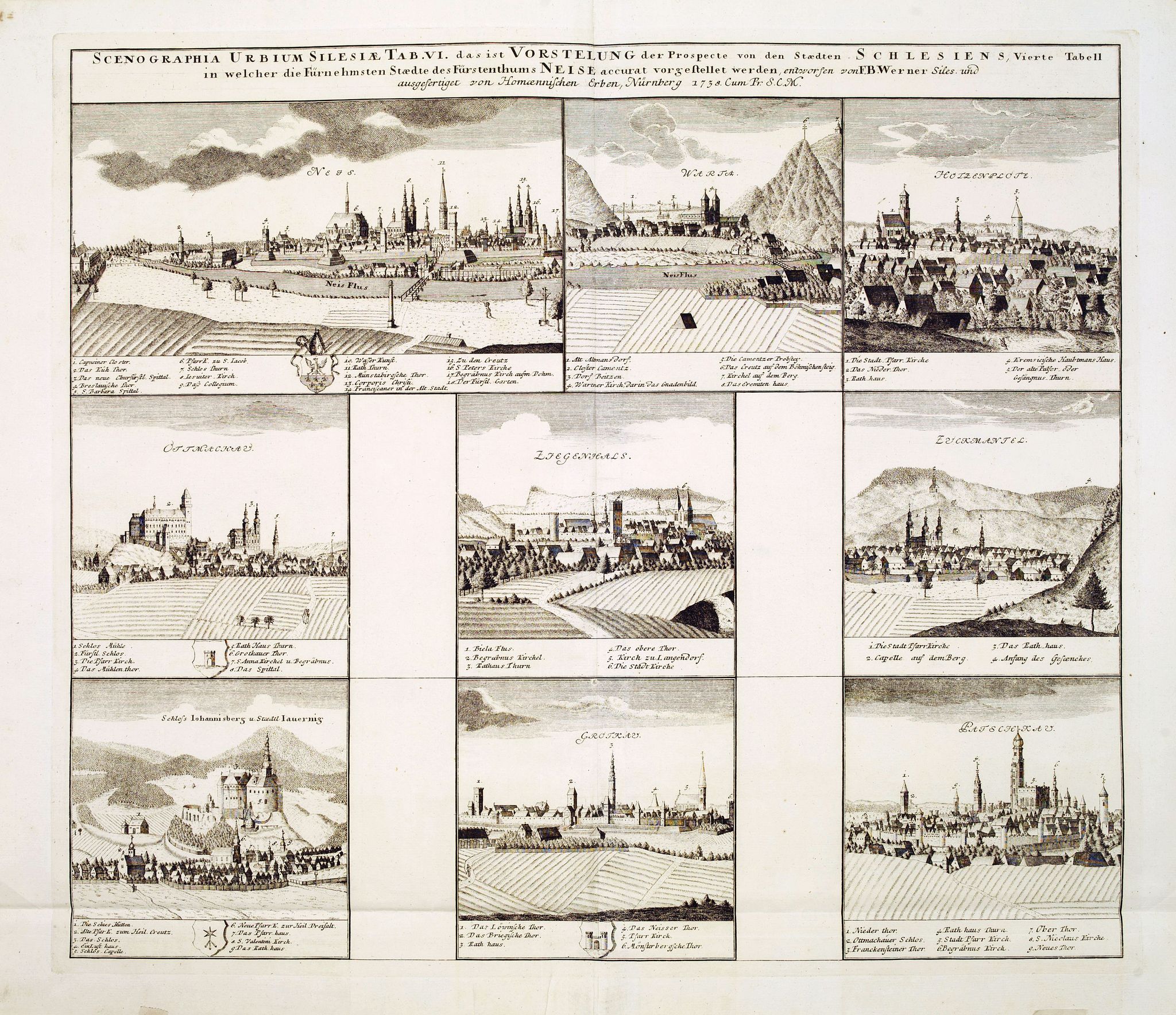 HOMANN HEIRS., Scenographia Urbium Silesiae, Tab IV. / Prospect der Stadte Schlesiens Vierte Tabell. . . Neise. . ., antique map, old maps