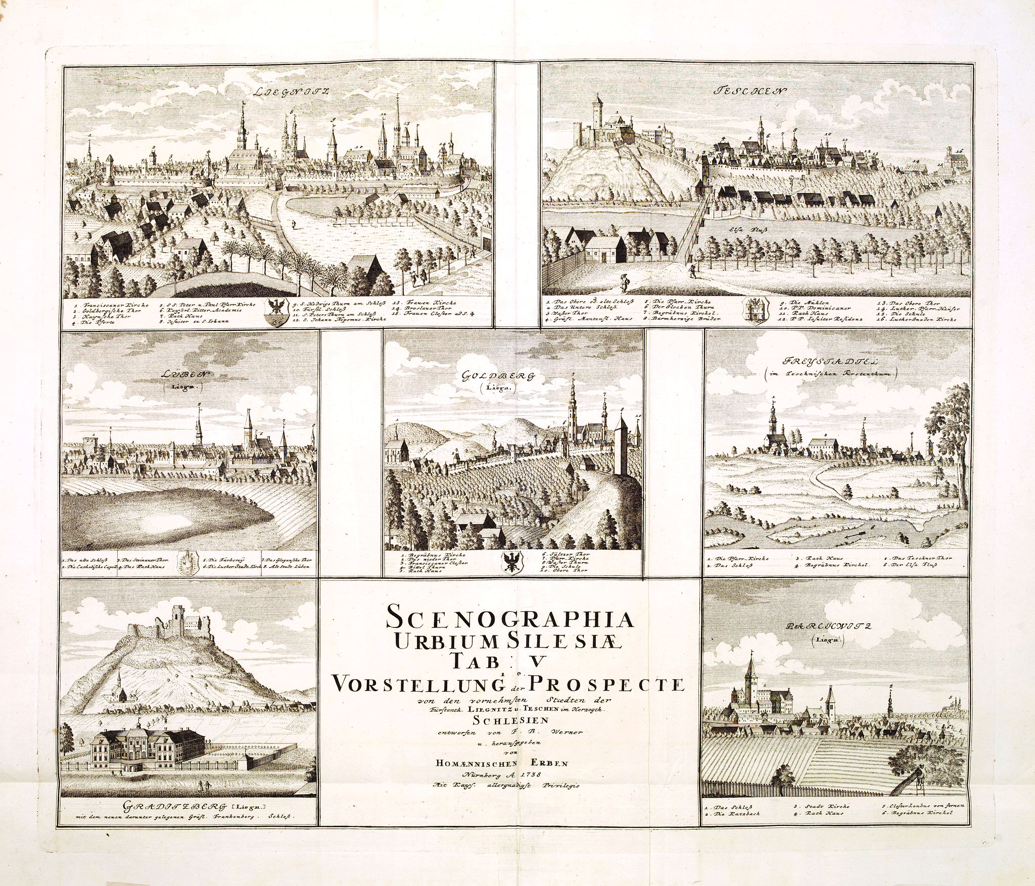 HOMANN HEIRS., Scenographia Urbium Silesiae, Tab V. / Vorstellung der Prospecte . . . Liegnitz und Teschen . . ., antique map, old maps