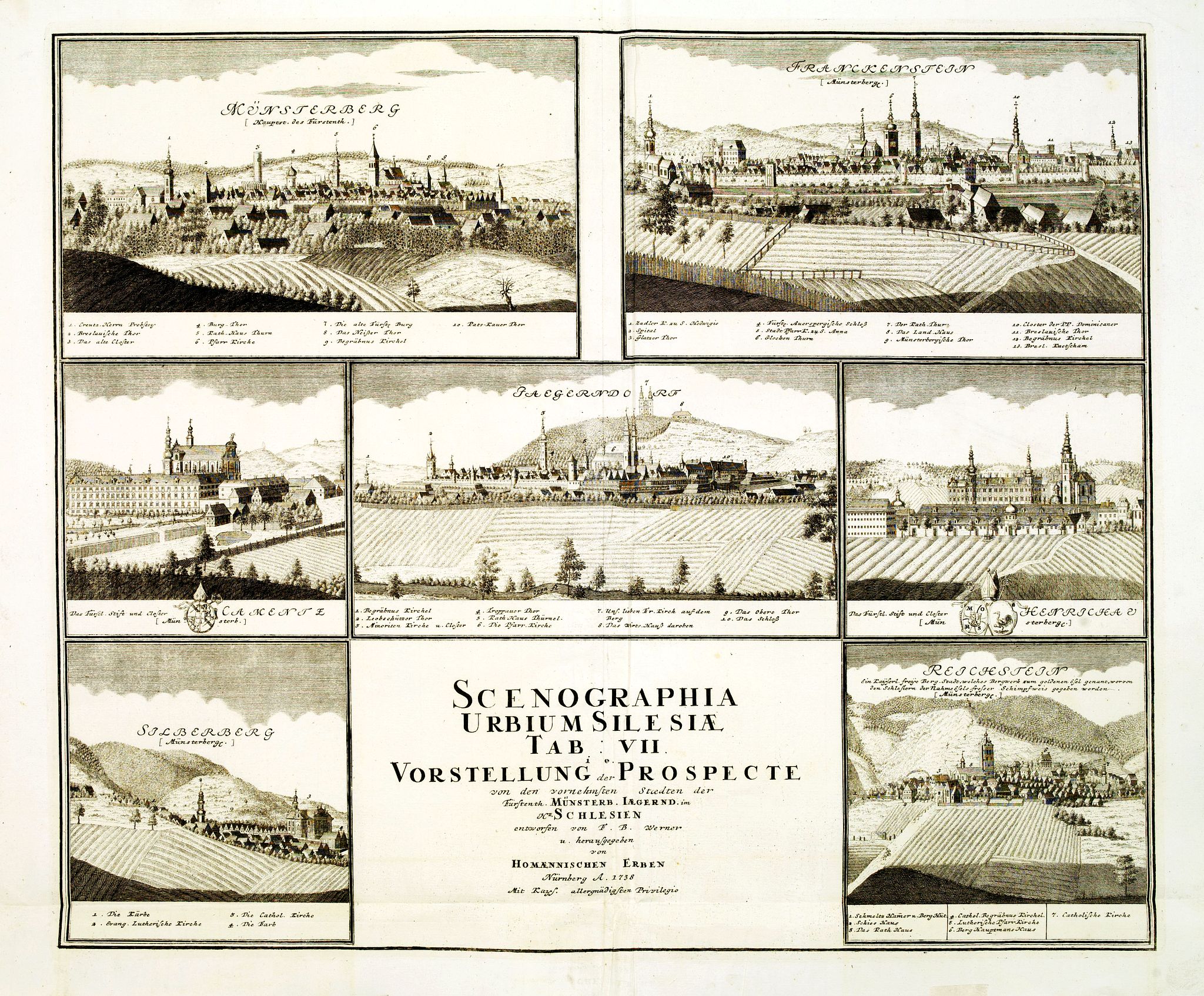 HOMANN HEIRS., Scenographia Urbium Silesiae, Tab VII. / Vorstellung der Prospecte . . . Munsterb Jaegerend . . ., antique map, old maps