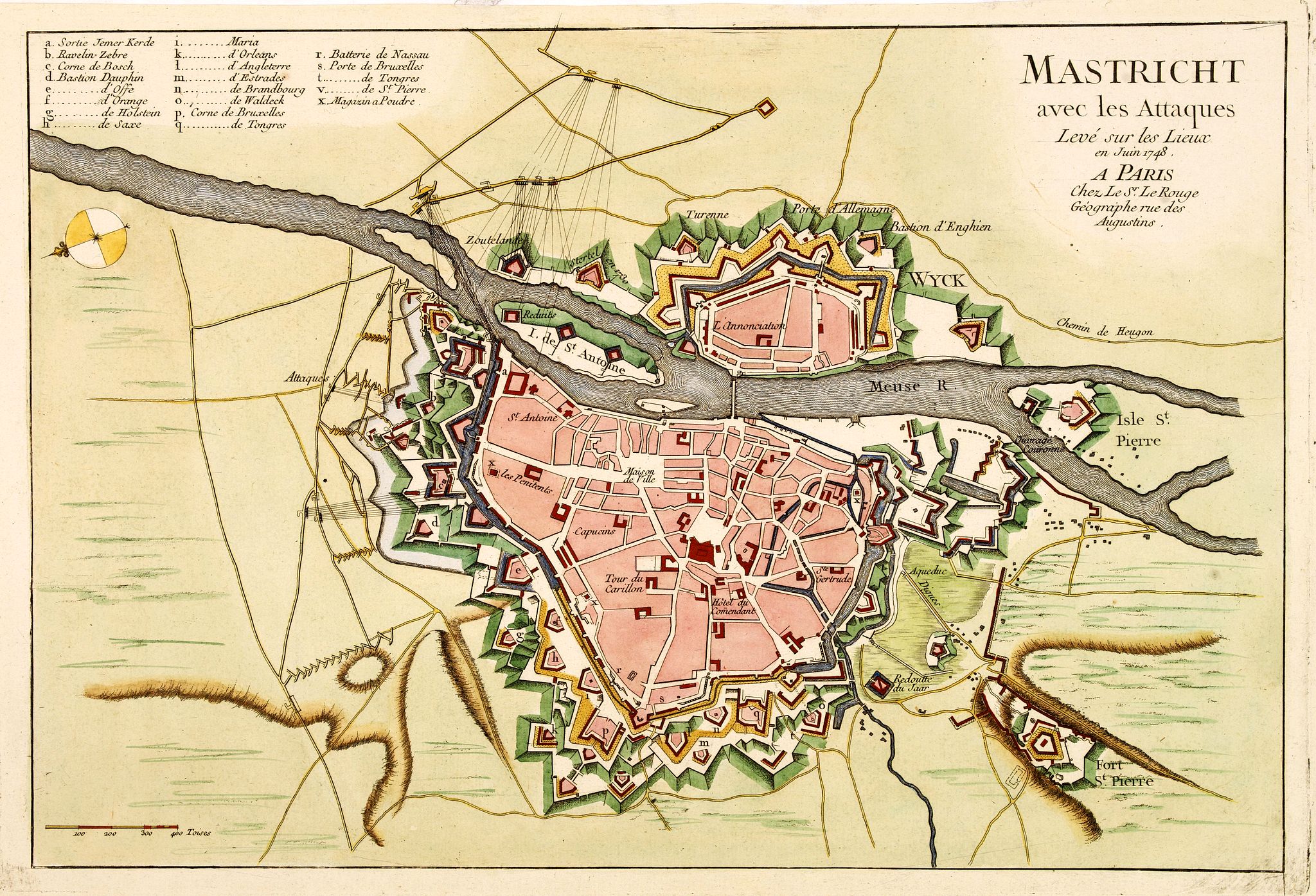 LE ROUGE,G.L., Mastricht avec les Attaques Leve sur les Lieux en Juin 1748. A Paris chez Le Sr. Le Rouge., antique map, old maps