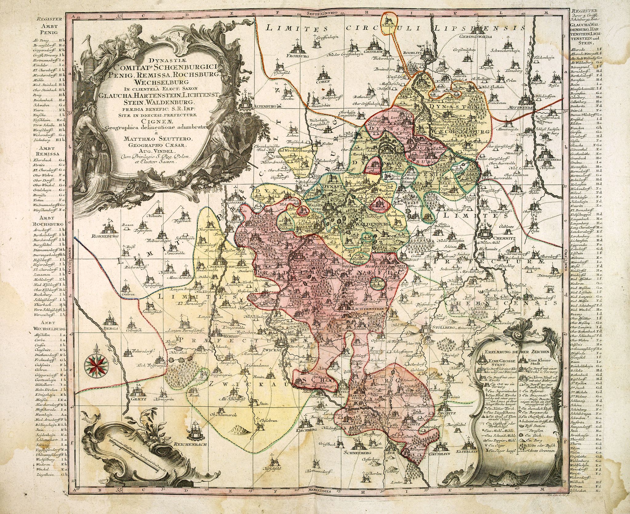 SEUTTER, M., Dynastiae Comitat. Schoenburgici Penig, Remissa, Rochsburg, Wechselburg In Clientela Elect: Saxon Glaucha, Hartenstein, Lichtenststein, Walkenburg. . ., antique map, old maps