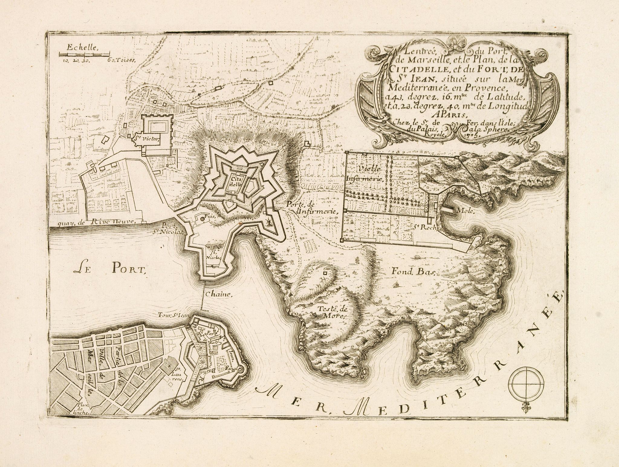 FER de, N., L'Entrée du PORT DE MARSEILLE et le Plan de la Citadelle et du Fort de St. Jean. . ., antique map, old maps