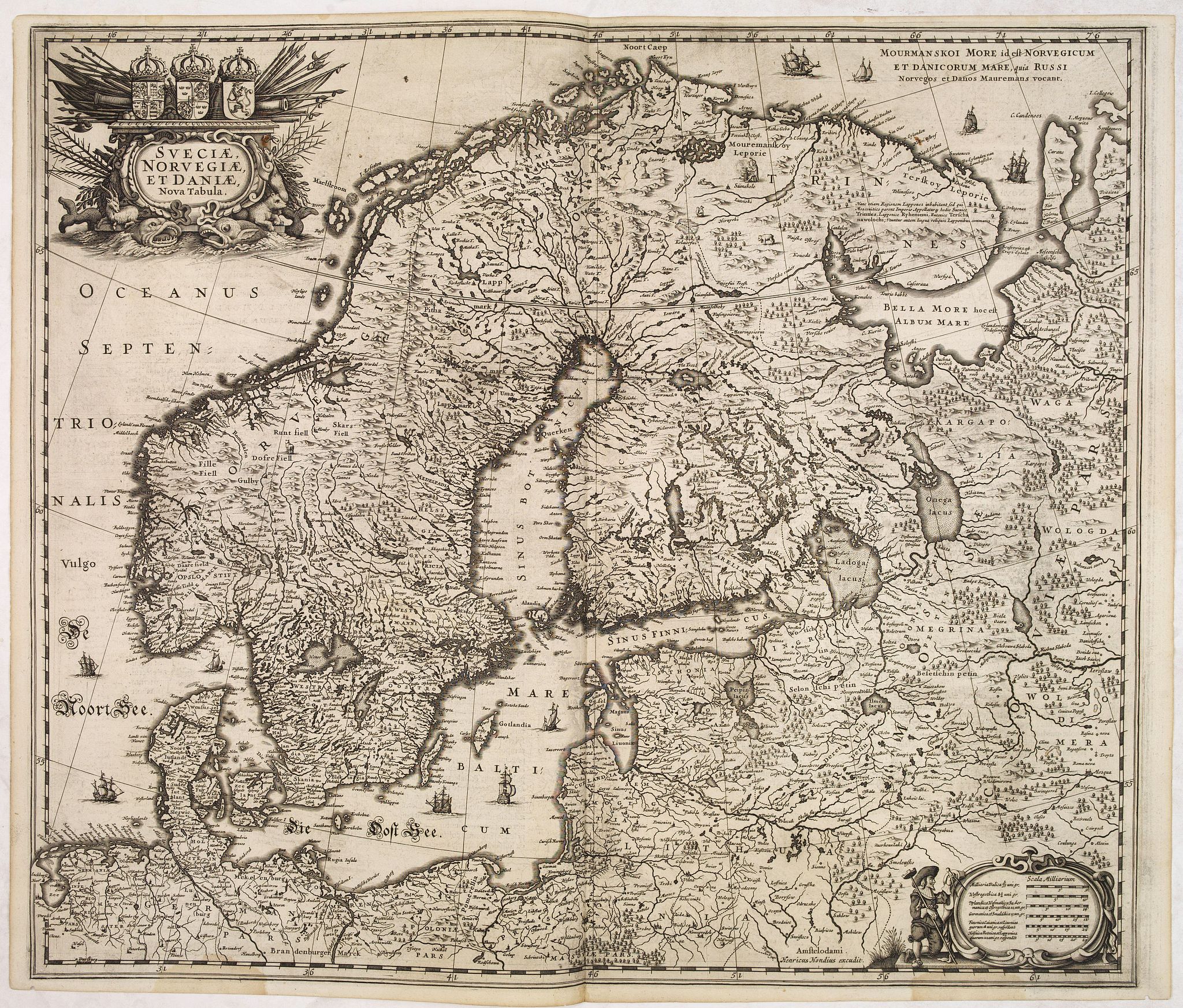 HONDIUS, H., Sueciae, Norvegiae et Daniae Nova Tabula., antique map, old maps