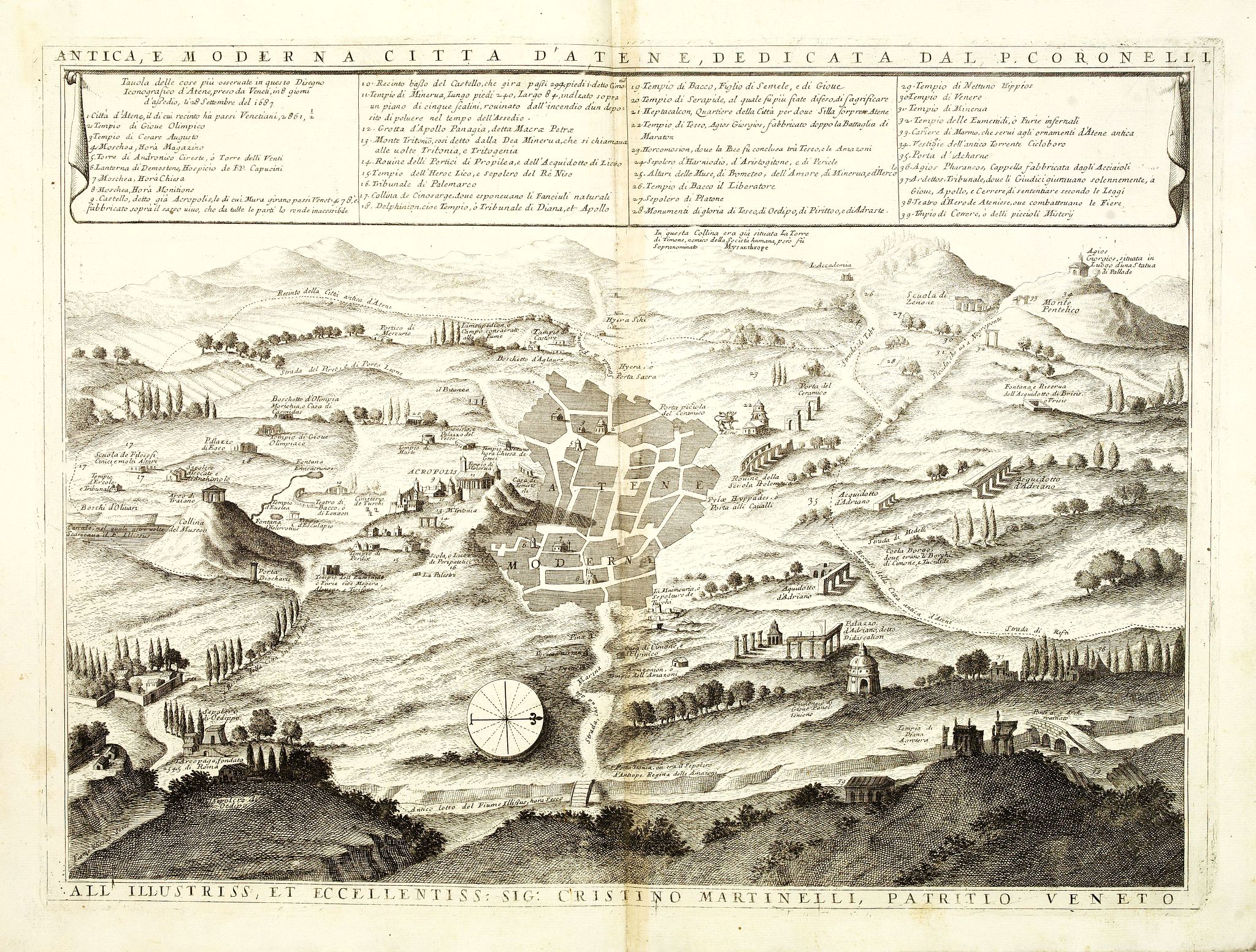 CORONELLI, V.M., Antica e Moderna Citta d'Atene dedicata dal P. Coronelli. . ., antique map, old maps