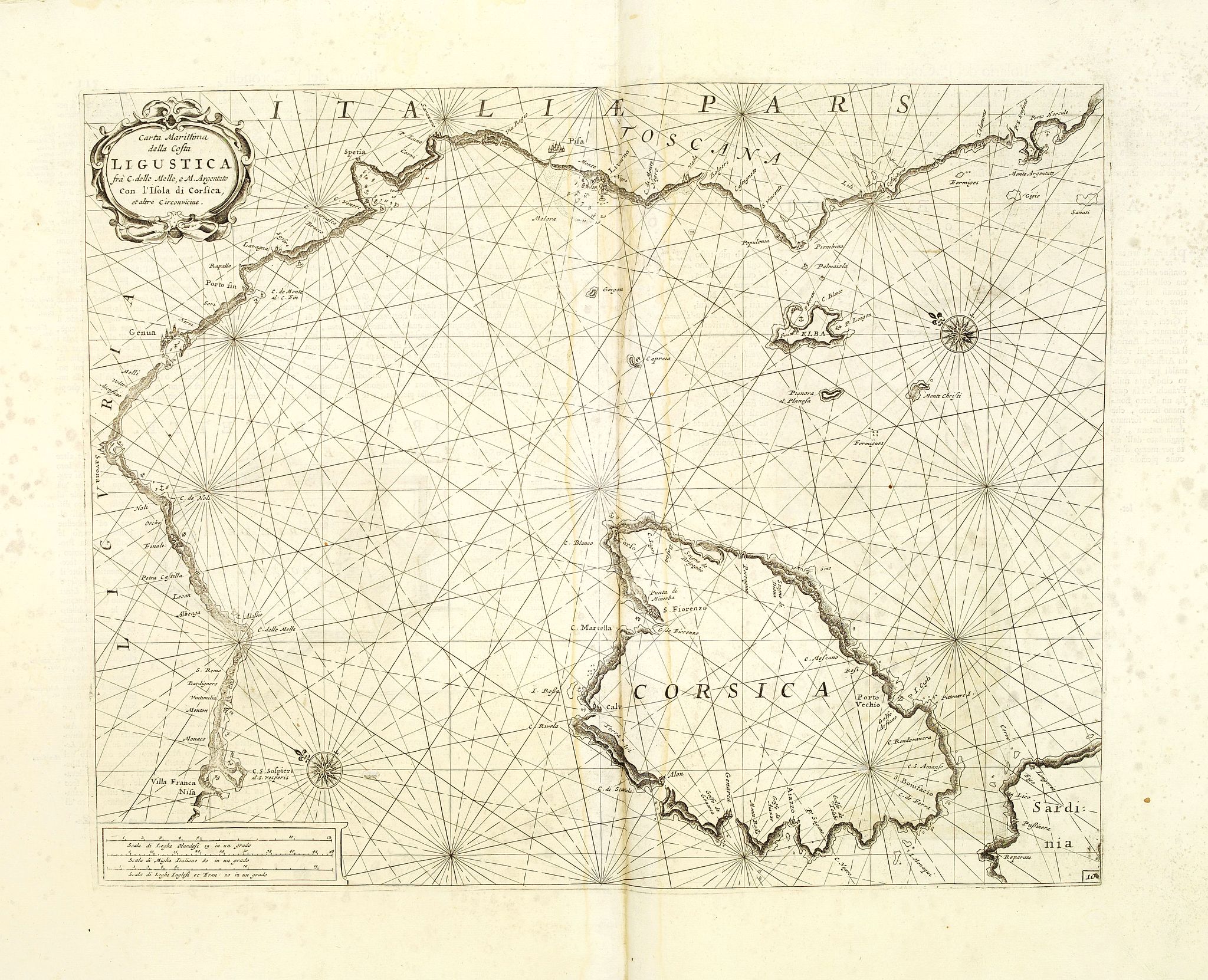 CORONELLI, V.M., Carta Maritima della Costa Ligustica fra C. delle Melle e M. Argentato con l'Isola di Corsica et altre circonvicine. . ., antique map, old maps