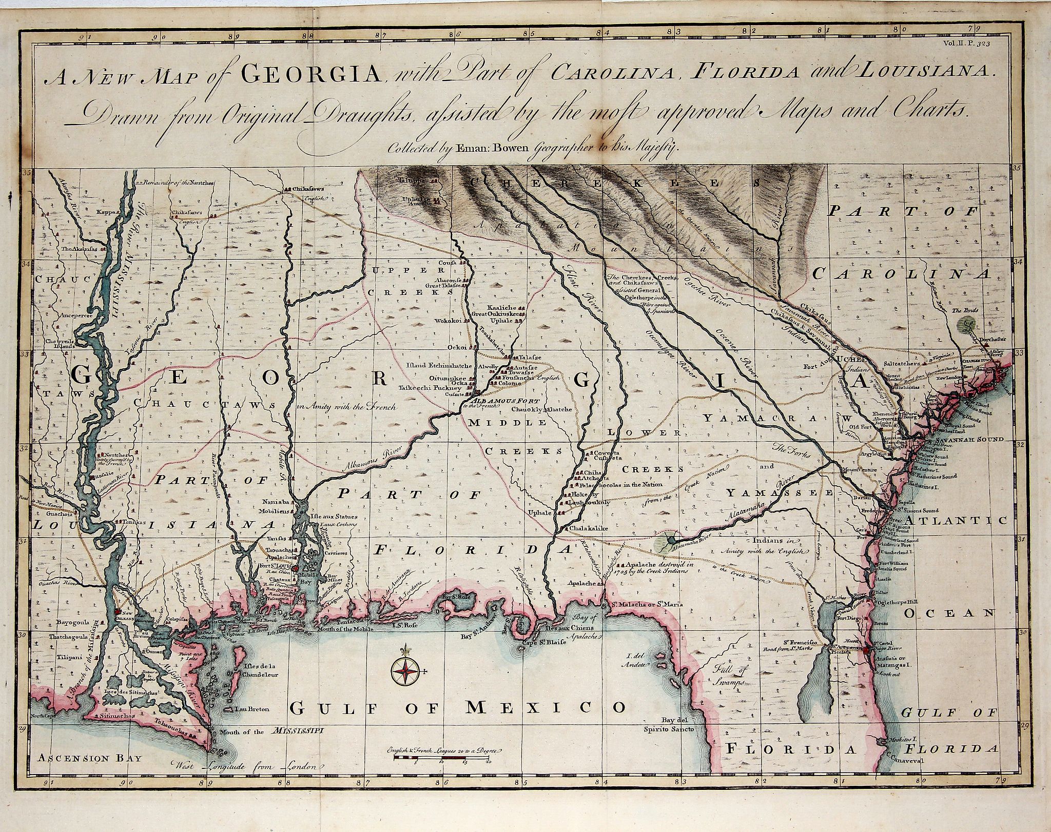 BOWEN, E., A New Map of Georgia with Part of Carolina, Florida and Loisiana. . ., antique map, old maps