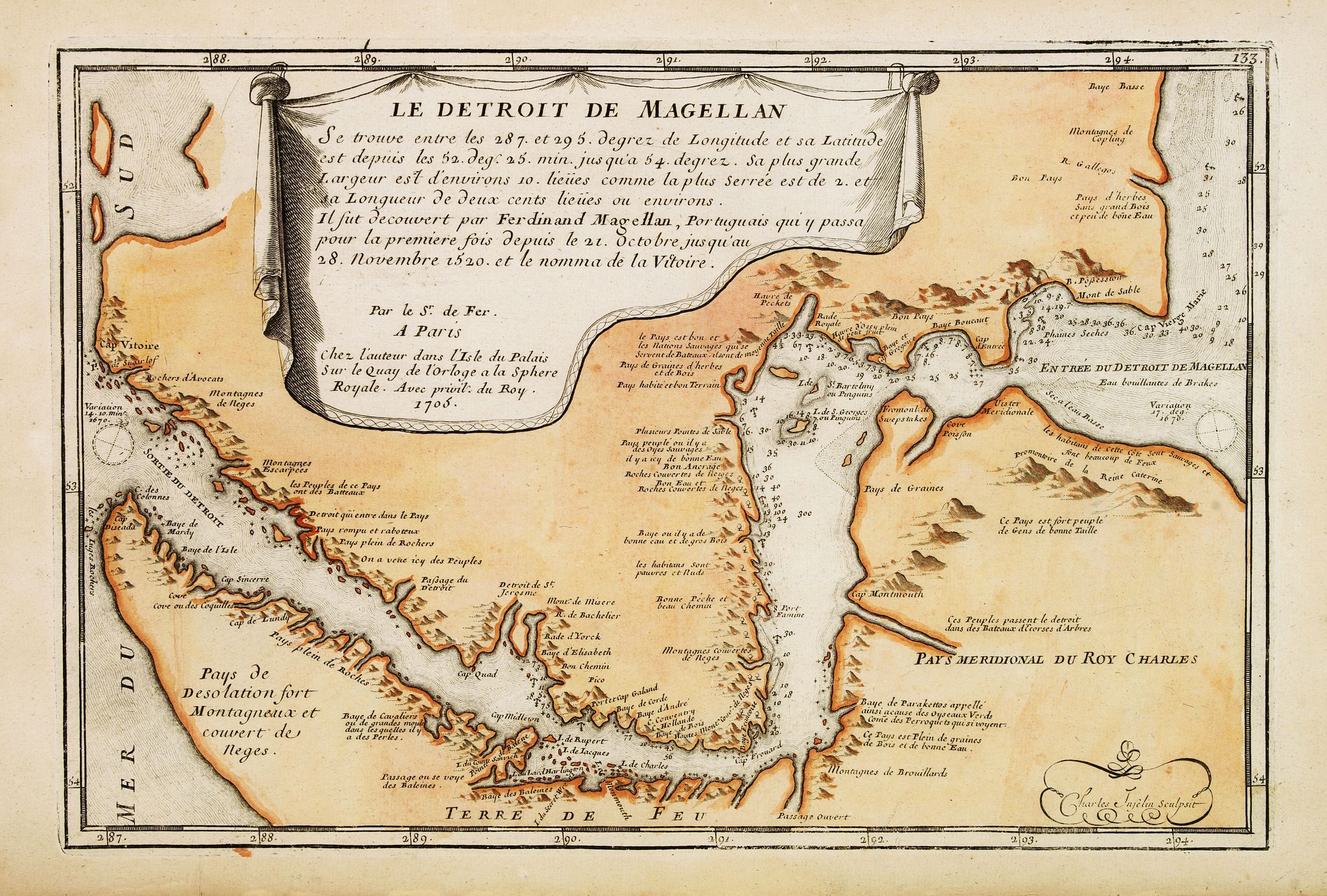 DE FER, N., Le Detroit De Magellan Se trouve . . . Il fut decouvert par Ferdinand Magellan. . ., antique map, old maps