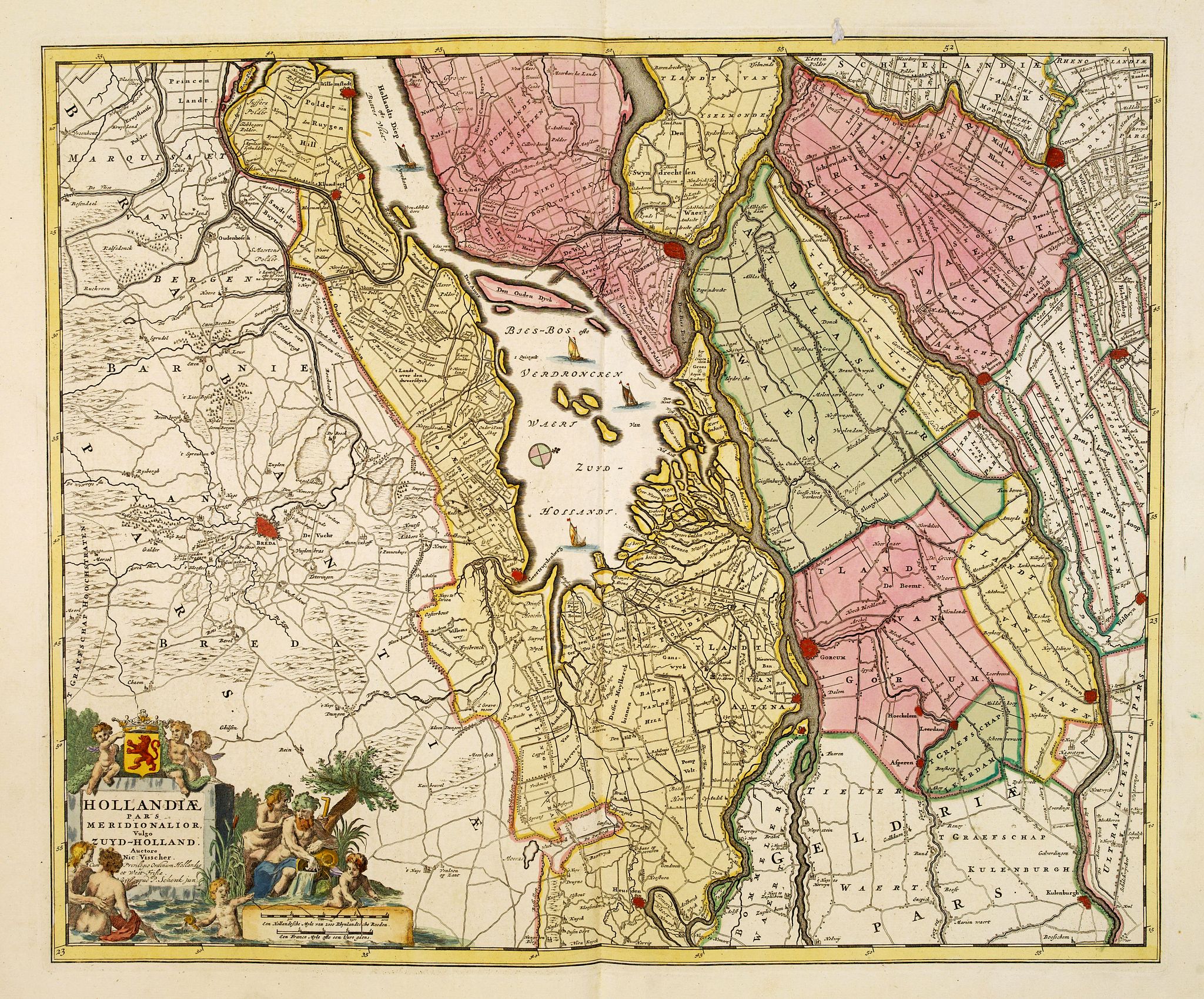VISSCHER, N., Hollandiae pars Meridionalior vulgo Zuyd-Holland., antique map, old maps