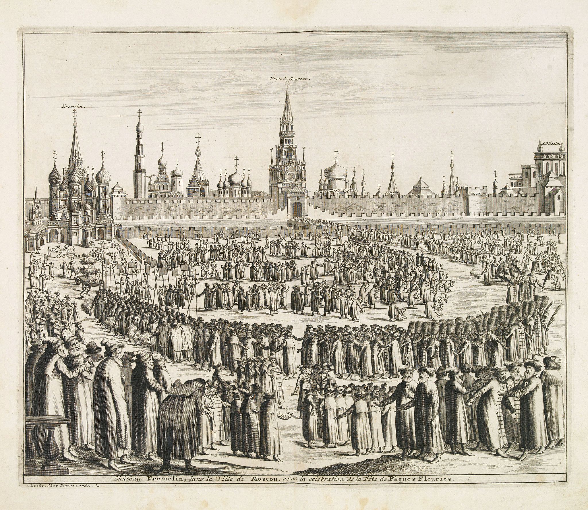 VAN DER AA, P. / OLEARIUS, A., Château Kremelin, dans la ville de Moscou, avec la celebration de la Fete de Pâques Fleuries., antique map, old maps